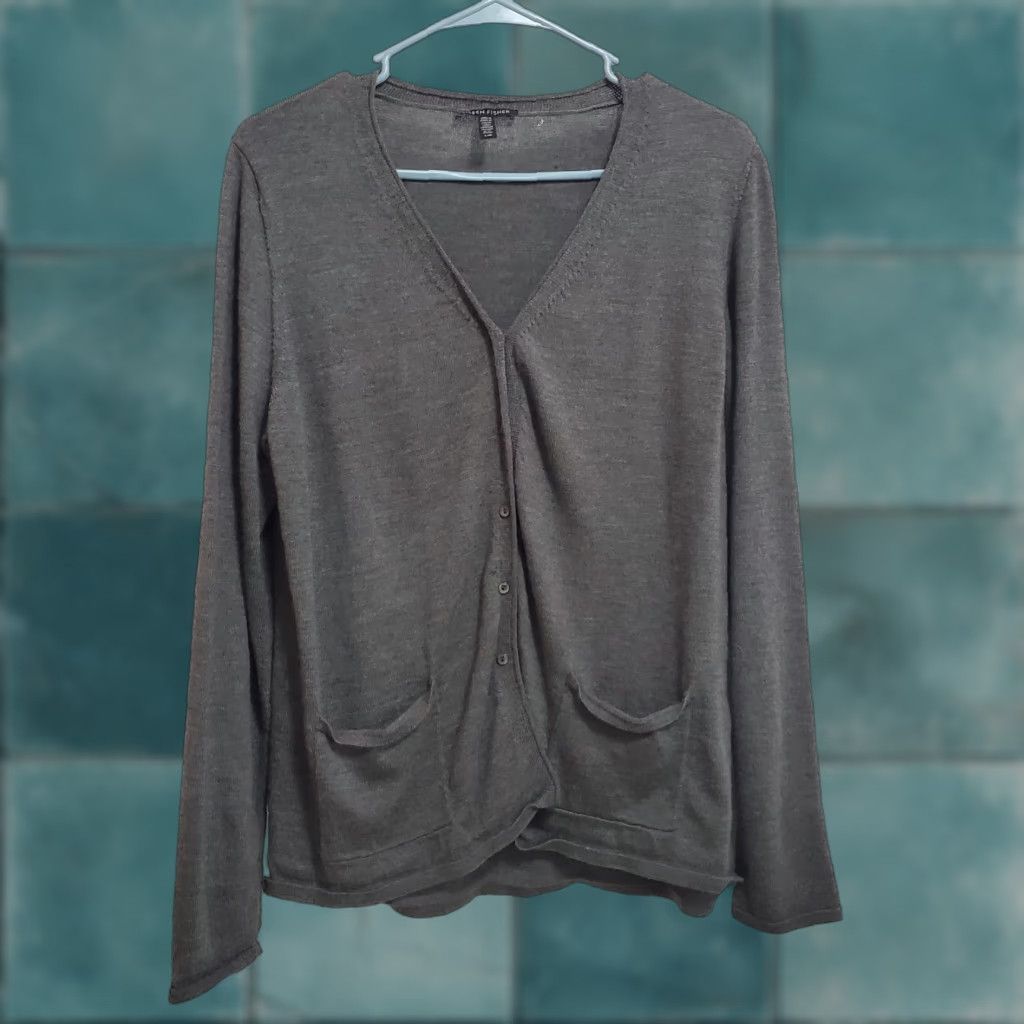 Eileen Fisher VINTAGE Eileen Fisher Cardigan Sweater Womens L Gray 100% Merino Wool Button Front Size L / US 10 / IT 46 - 1 Thumbnail