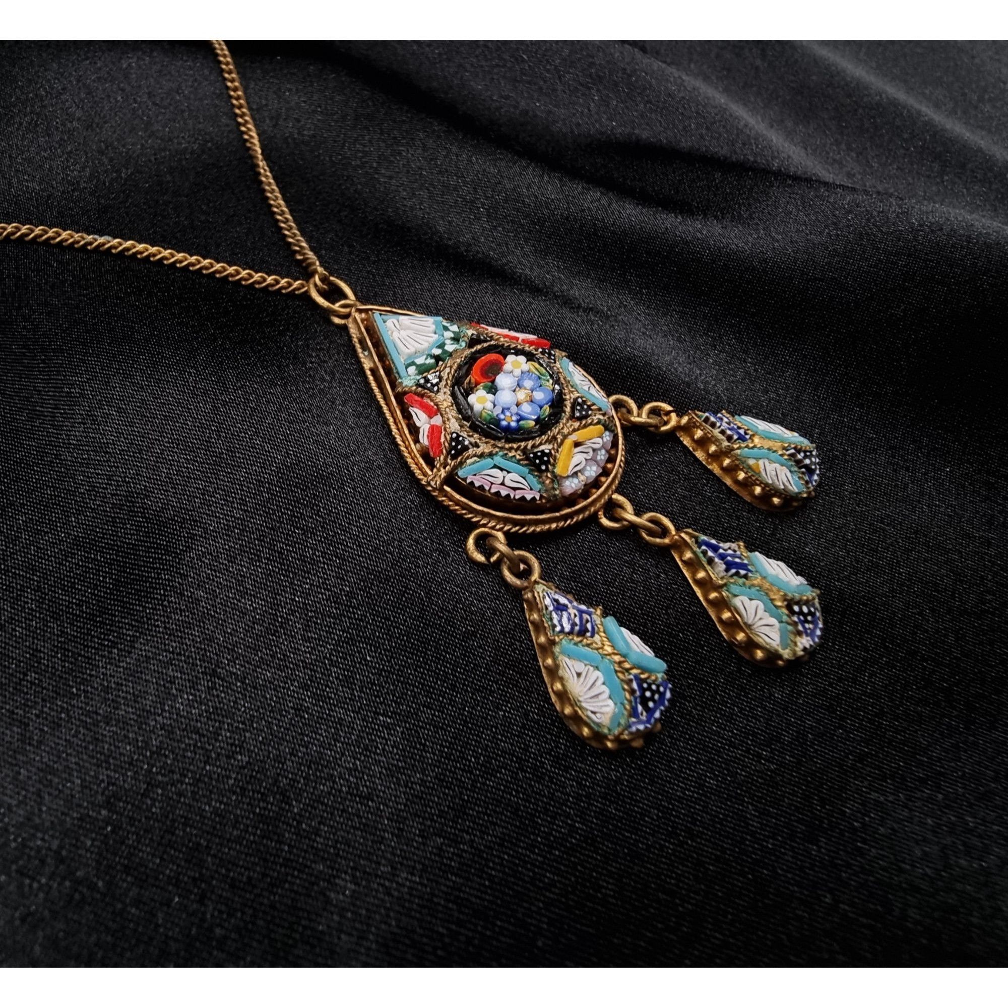 Vintage Vintage 1920s-1940s Gold-Tone Millefiori Mosaic Pendant Neck Size ONE SIZE - 1 Thumbnail