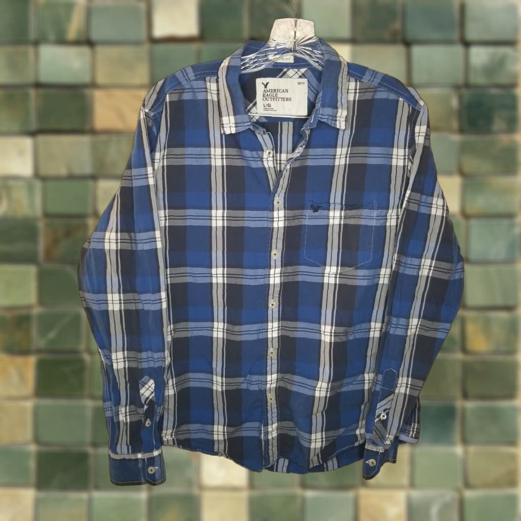 American Eagle Outfitters American Eagle Mens Blue Plaid Athletic Fit Long Sleeve Button-Up Size L Size US L / EU 52-54 / 3 - 1 Thumbnail