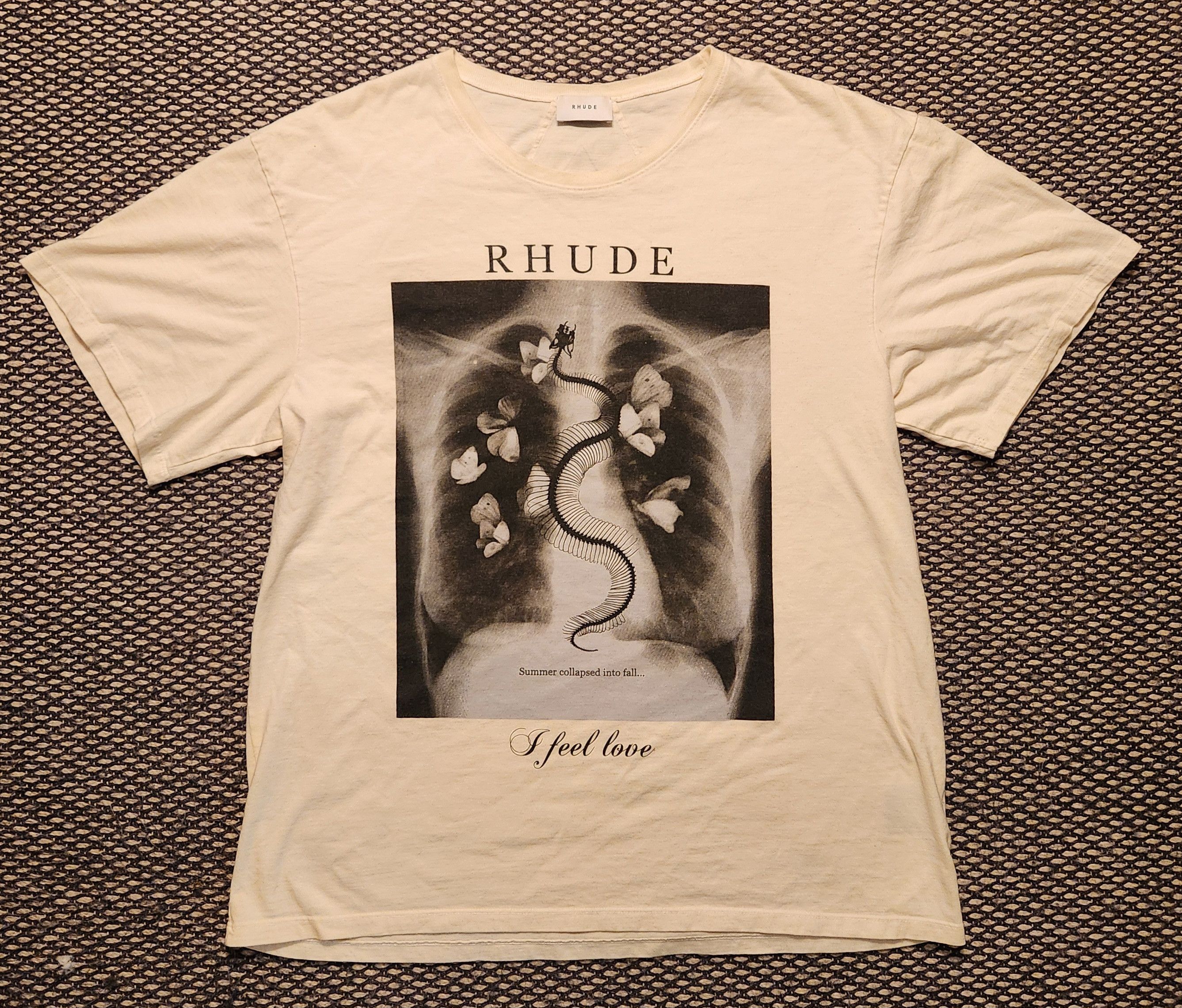 image of Rhude Short Sleeve "i Feel Love" Cream Tee. Size: Xl, Men's