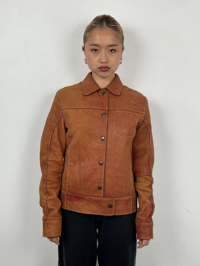 Dolce & Gabbana 1990s Dolce & Gabbana Red Eroded Trucker Leather Jacket Size M / US 6-8 / IT 42-44 - 2 Thumbnail