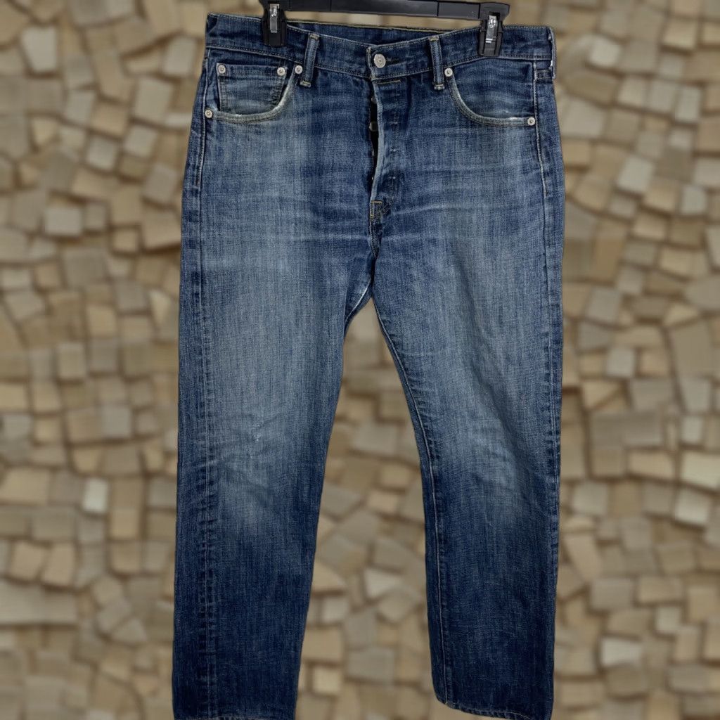 Levi's Levi's 501 Jeans Mens 34x34 Blue Denim Button Fly Distressed Casual Pants Size US 34 / EU 50 - 1 Thumbnail