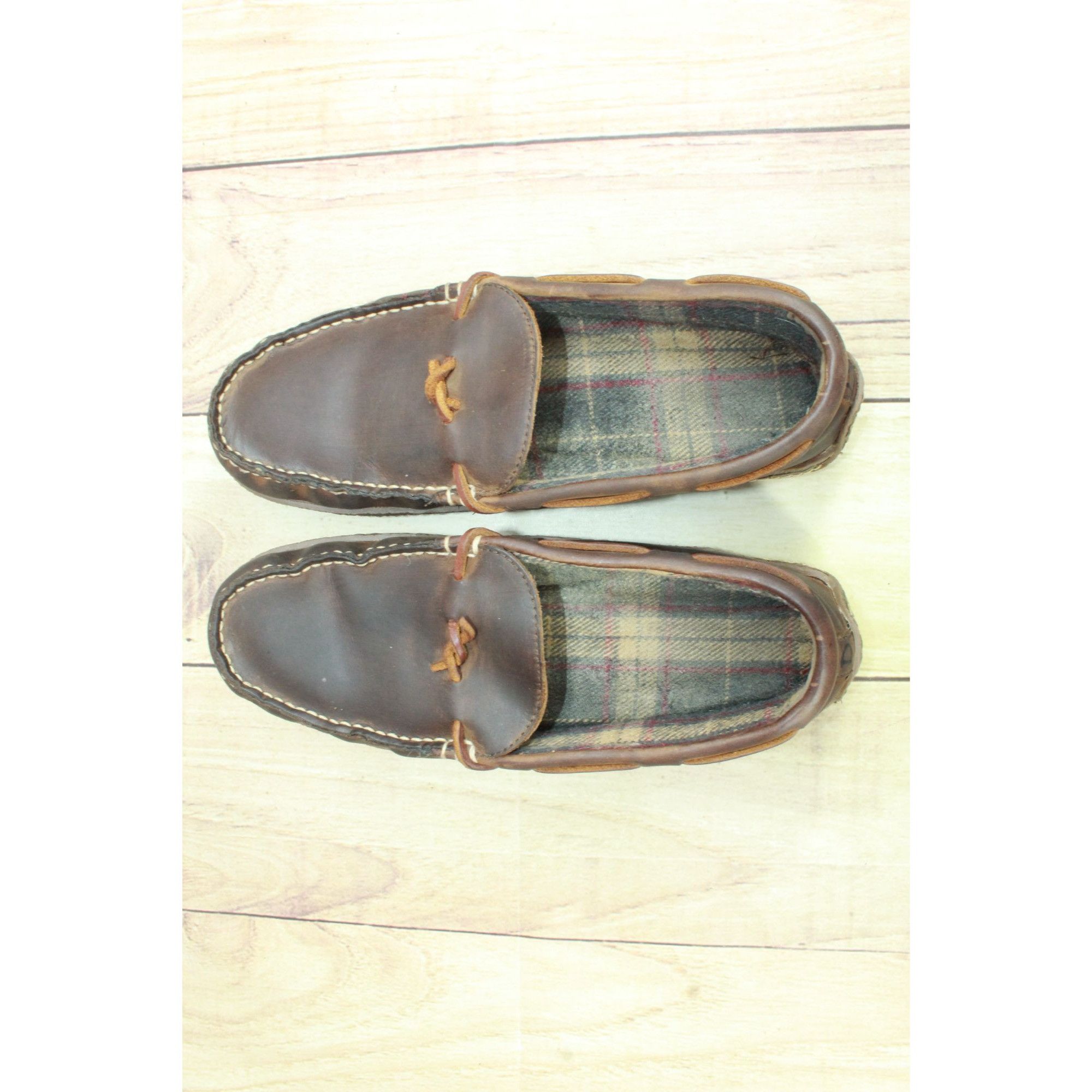 L.L. Bean LL Bean Men's Brown Leather Handsewn Flannel Lined Slippers Size US 10 / EU 43 - 6 Thumbnail