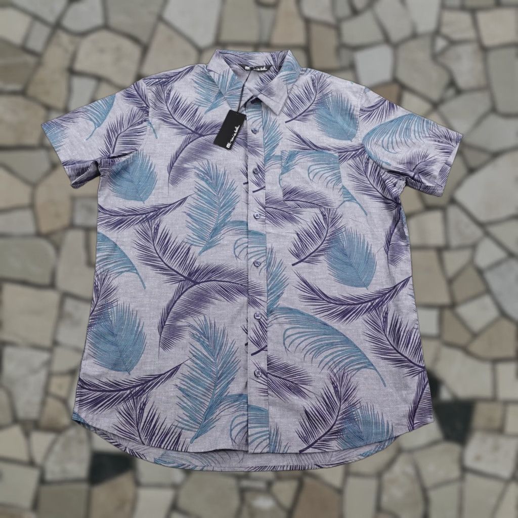 Travis Mathew Shirt Mens Large Blue Palm Aloha Button Up Floral Tropical Casual