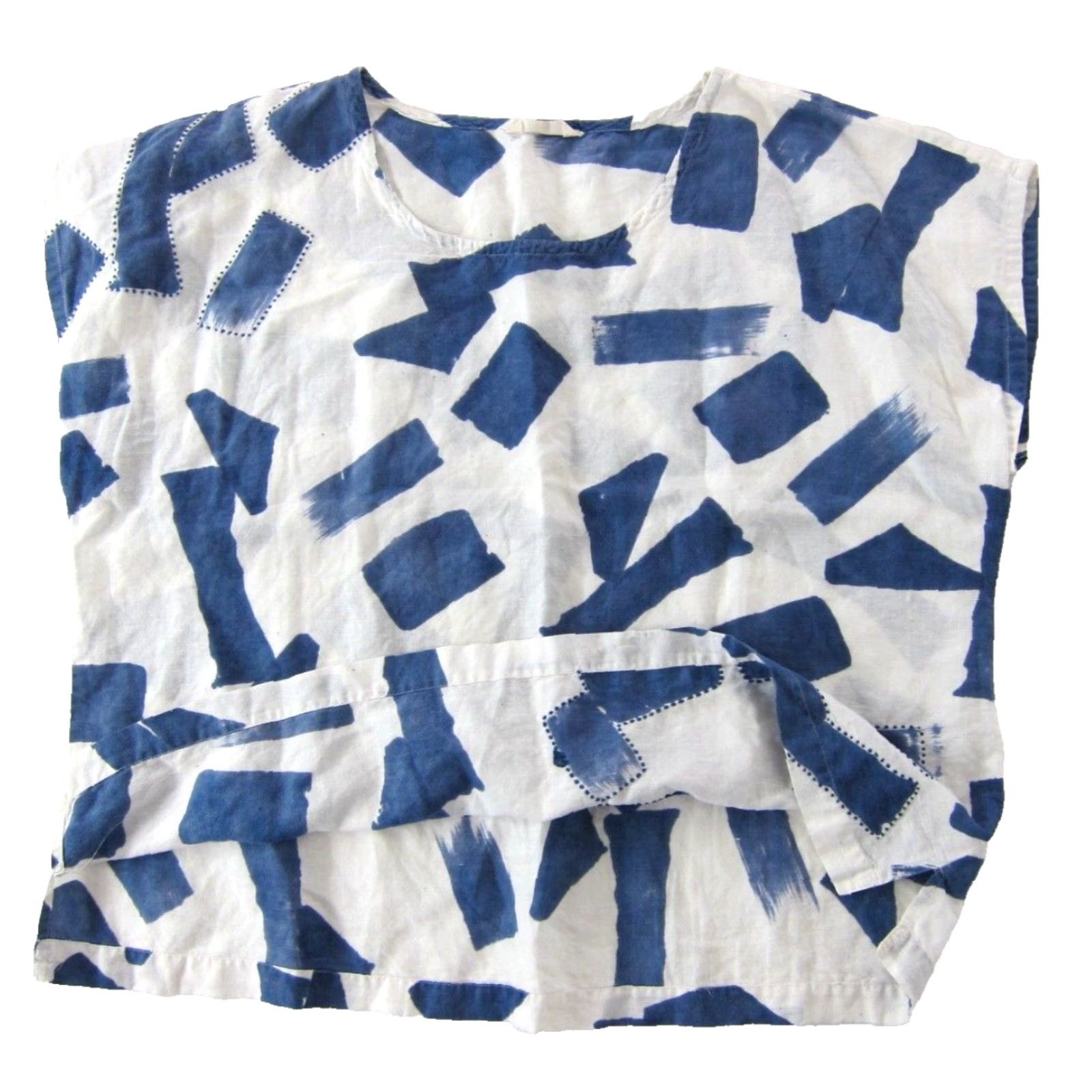 Vintage Marketplace Linen Blue White Abstract Short Sleeve Boxy Smock Tunic Blouse 1X 1W Size XL / US 12-14 / IT 48-50 - 5 Thumbnail