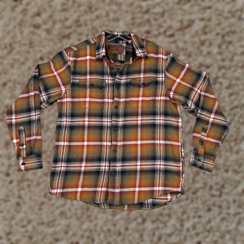 VINTAGE ORVIS Shirt Mens Large Beige Red Black Flannel Plaid Button-Up Cotton Fish Camp