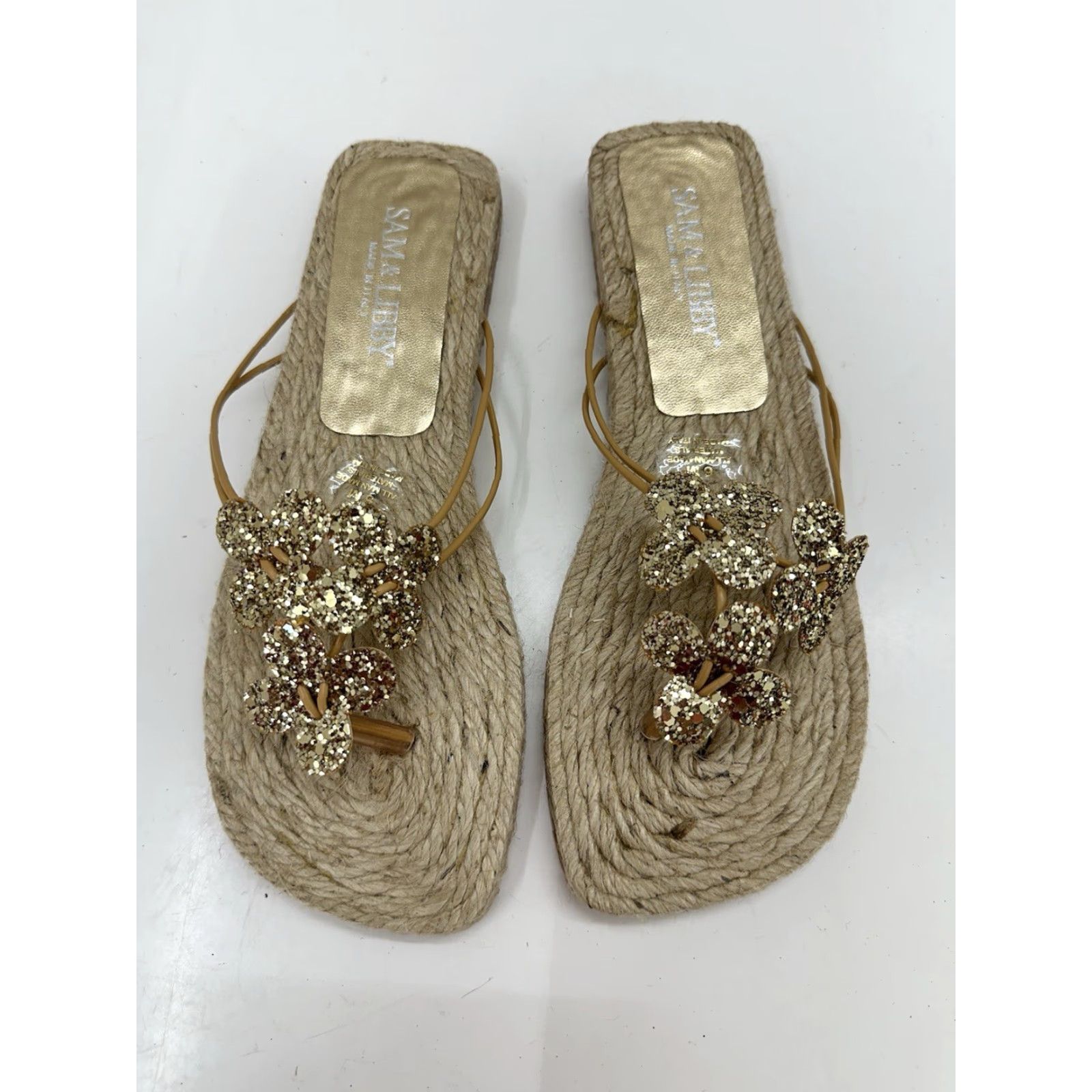 Vintage Sam & Libby Womens Sandals Size 6 M Flip Flops Brown Glitter Floral Jute Flats Size US 6 / IT 36 - 2 Thumbnail
