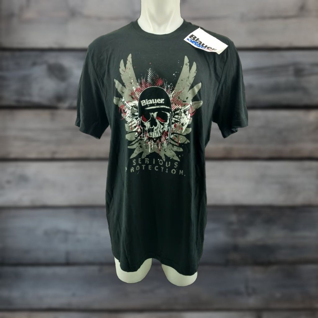Vintage BLAUER Shirt Men XL Black Print T Shirt Skull Serious Protection Size US XL / EU 56 / 4 - 1 Thumbnail