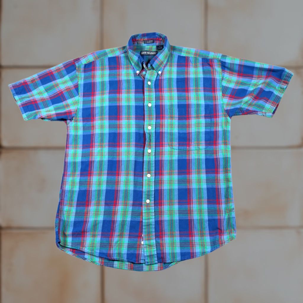 Van Heusen VINTAGE Van Heusen Shirt Adult MEDIUM Blue Plaid Madras Short Sleeve Button-Down Collar 90s Mens Size US M / EU 48-50 / 2 - 1 Thumbnail