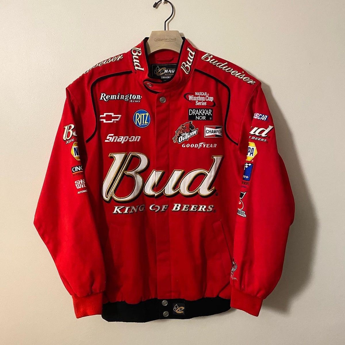 image of Vintage Budweiser Nascar Racing Jacket in Red, Men's (Size XL)