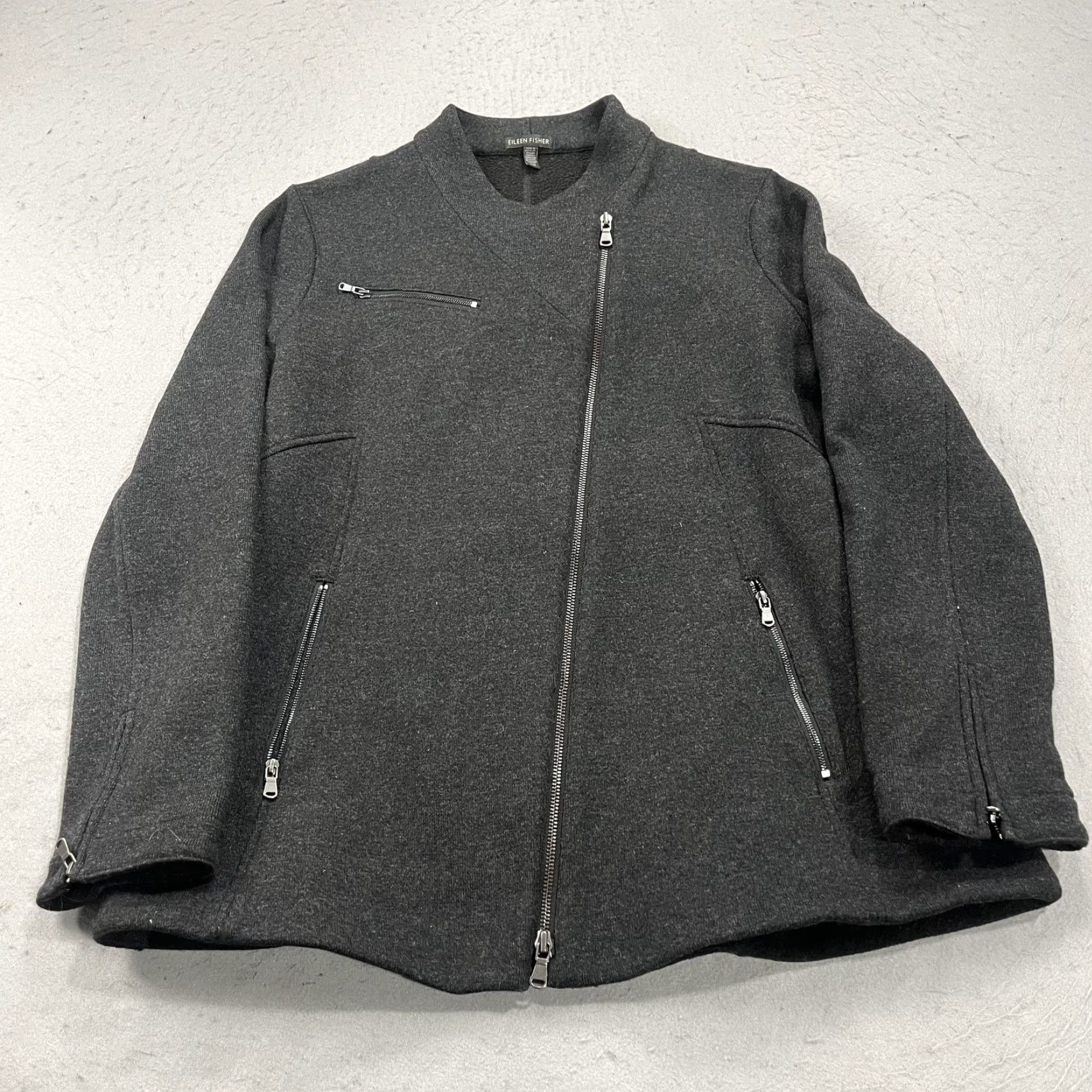 Eileen Fisher VINTAGE Eileen Fisher Jacket Mens? Womens Large Gray Wool Knit Asymmetrical Zip Moto Style Full Zip Pockets Mid-Length Size L / US 10 / IT 46 - 2 Thumbnail