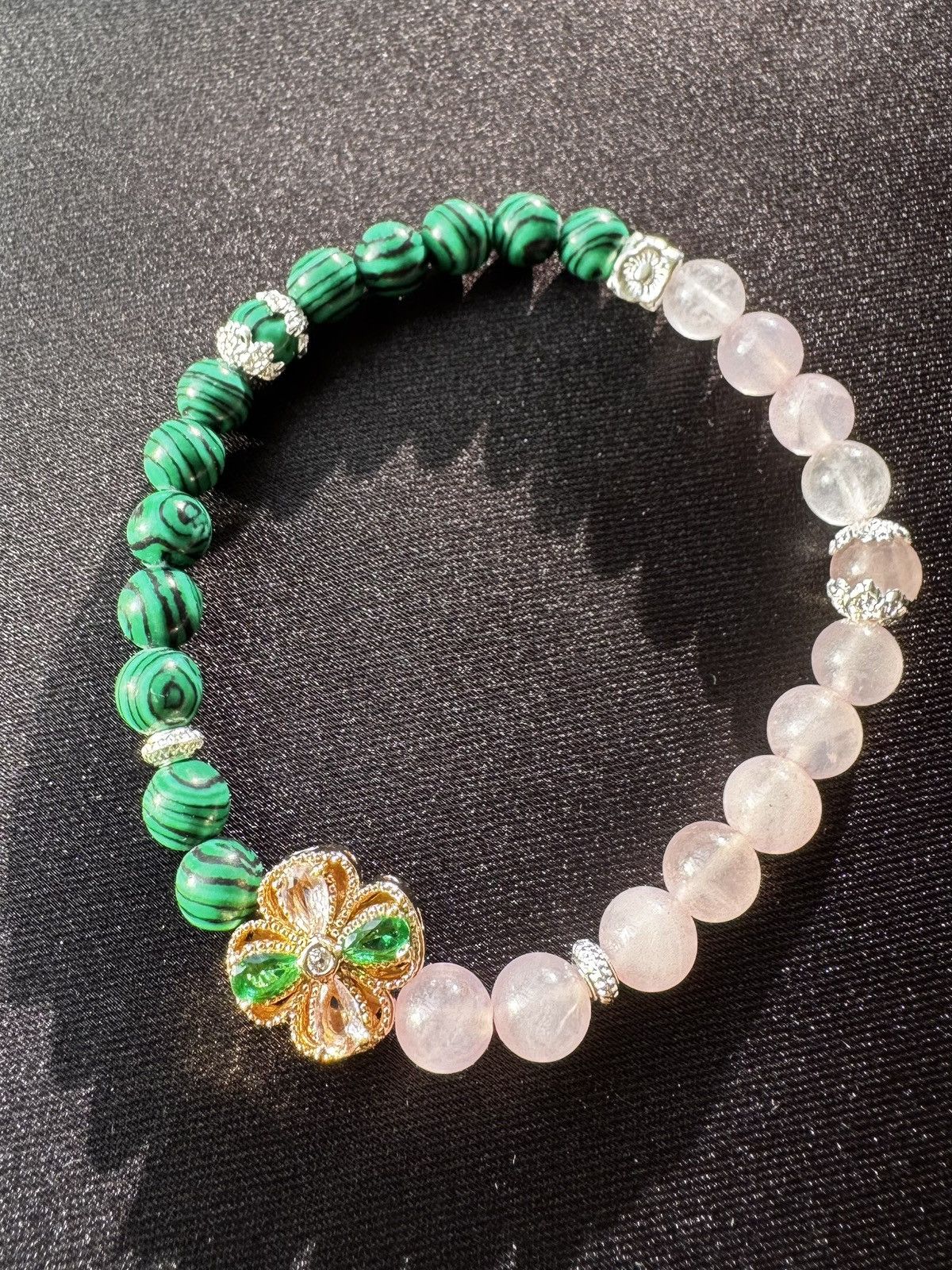 Handmade Malachite Rose Quartz Bracelet Size ONE SIZE - 1 Thumbnail