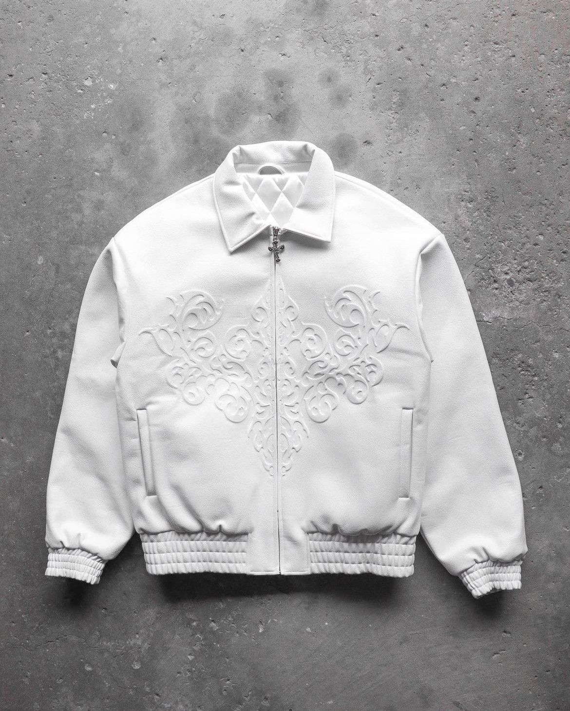 image of Avant Garde x Leather Jacket Onlycurse Celestial Jacket, Embossed in White, Men's (Size Large)