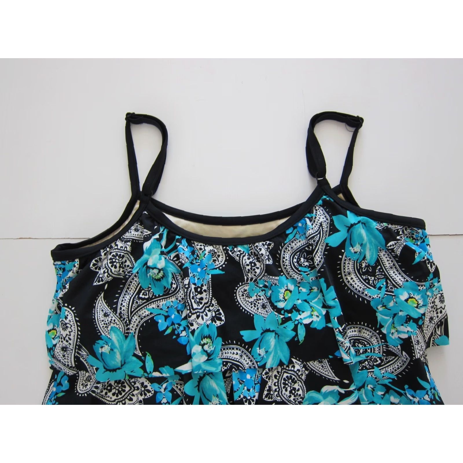 Vintage Maxine Of Hollywood Black Blue Floral Paisley Built In Bra Swim Tankini Top 22W Size 3XL / US 20-22 - 4 Thumbnail