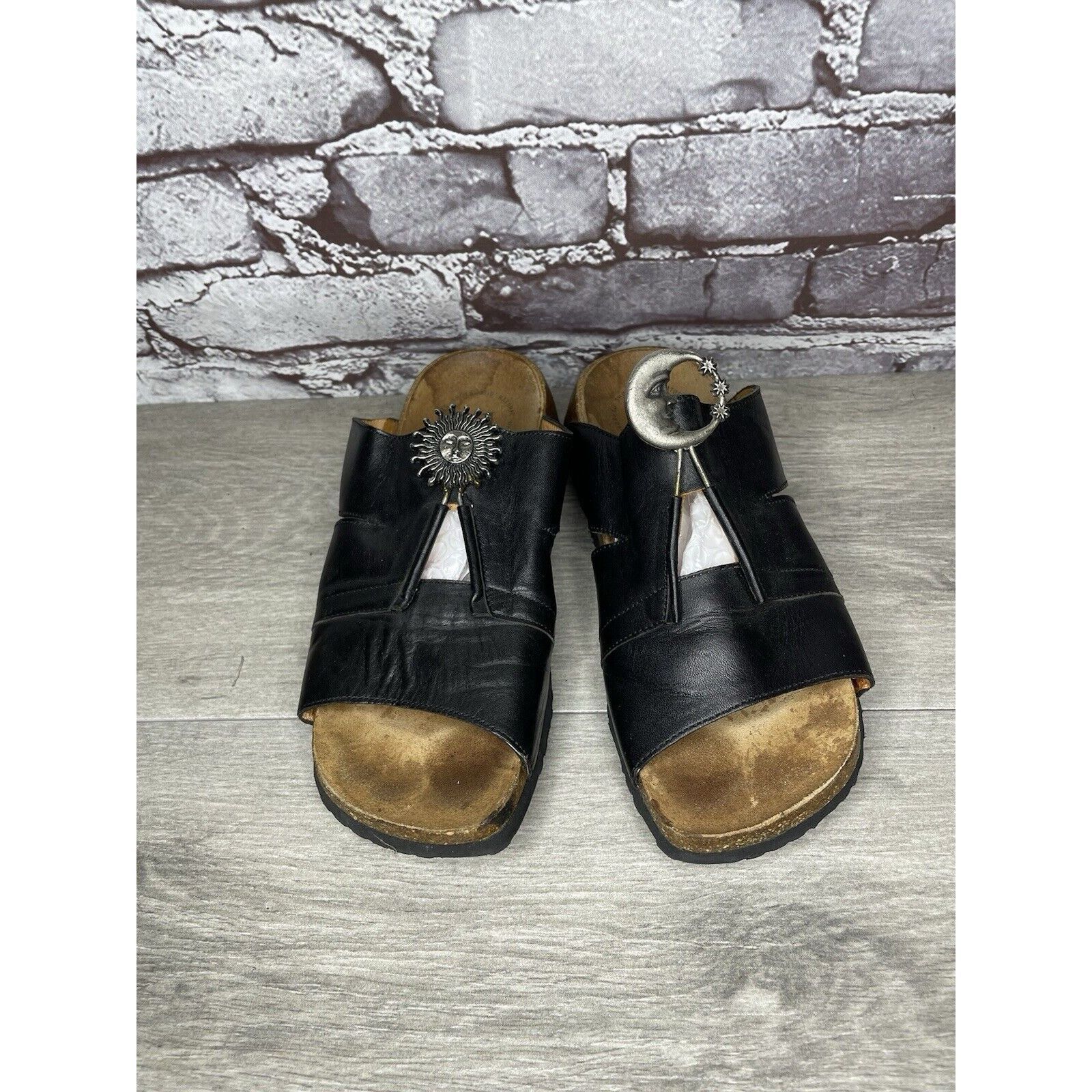 Other Think! Black Leather Cork Sun Moon Silver Wedge Sandals Wome Size US 6.5 / IT 36.5 - 20 Thumbnail