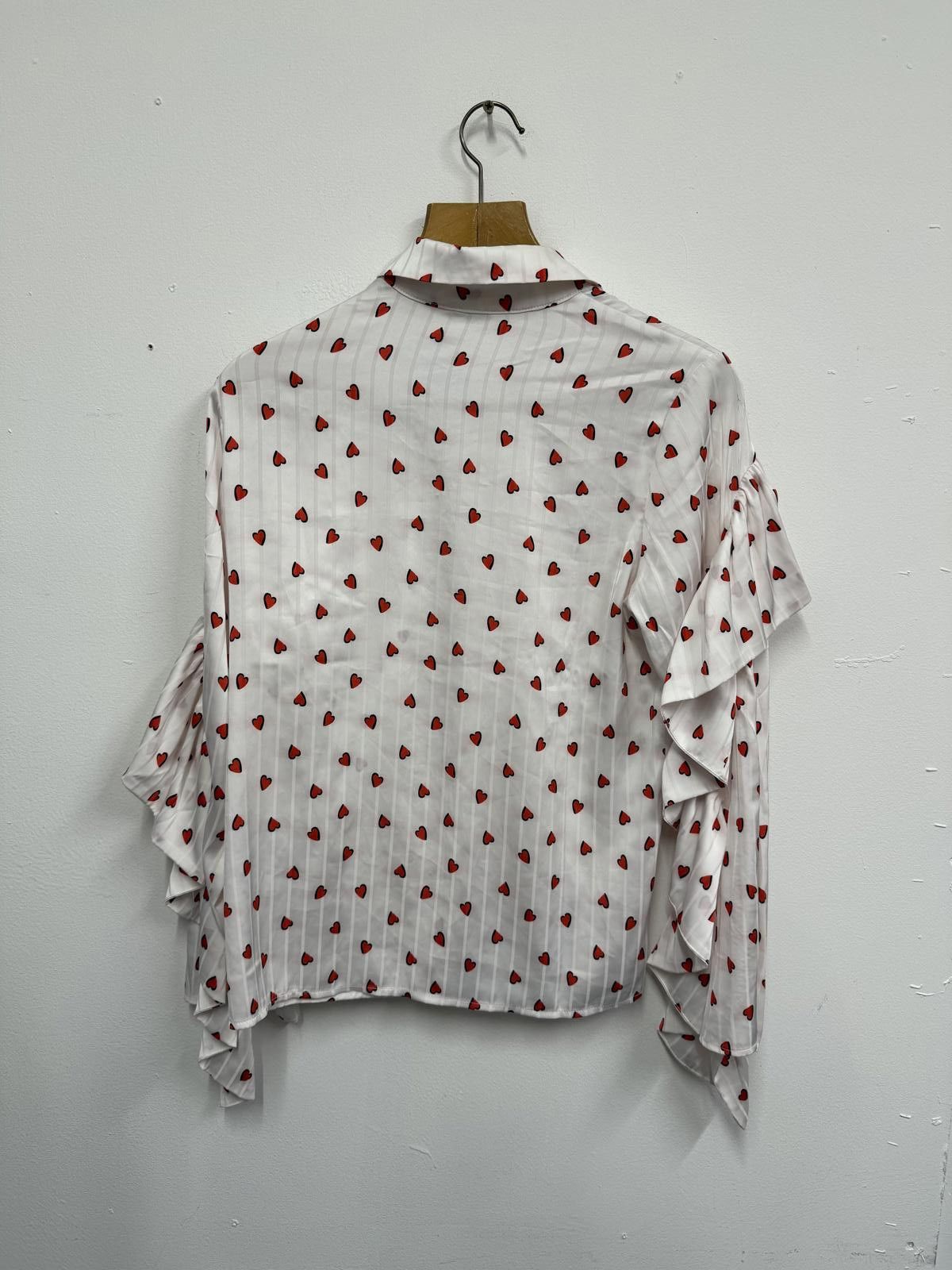 Unknown London White Blouse with Red Heart Print and Ruffle Sleeves Size XS / US 0-2 / IT 36-38 - 2 Thumbnail