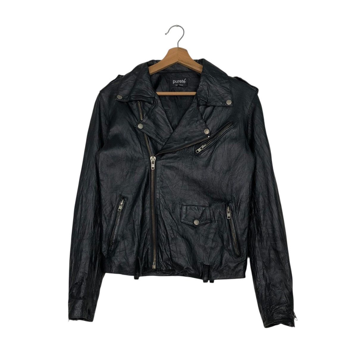 Japanese Brand 🔥VINTAGE BIKER LEATHER JACKET DOUBLE COLLAR PURETE Size US S / EU 44-46 / 1 - 3 Thumbnail