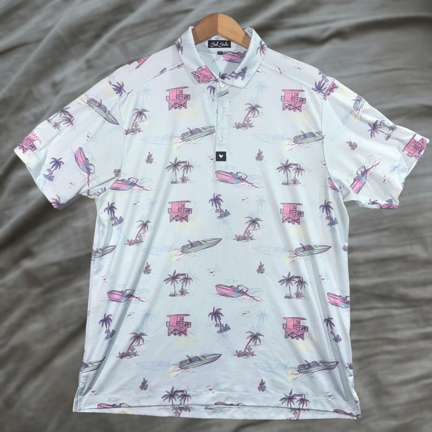 Vintage Bad Birdie Polo Shirt Mens XL Blue Tropical Boat Palm Print Golf Firestone CC Shirt XS? Size US XL / EU 56 / 4 - 1 Thumbnail