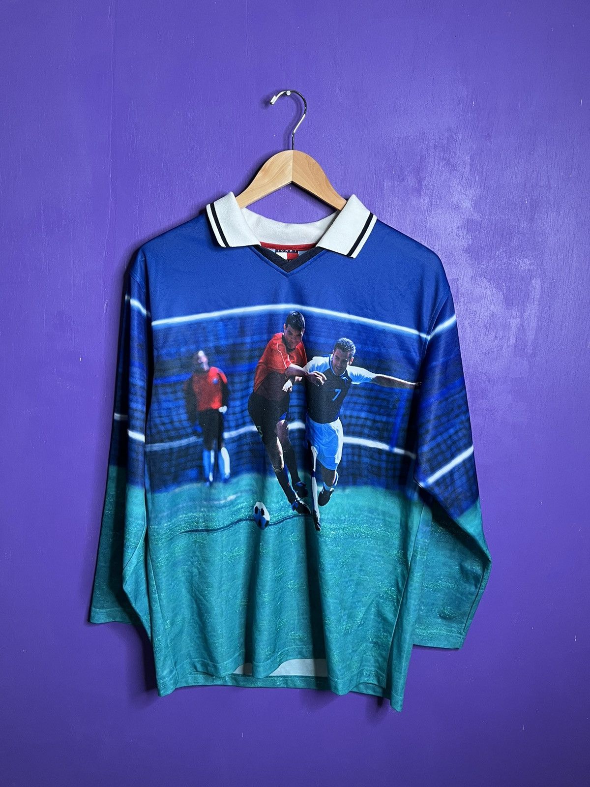 image of Vintage 90's Tommy Hilfiger Aop Soccer Jersey, Men's (Size Large)