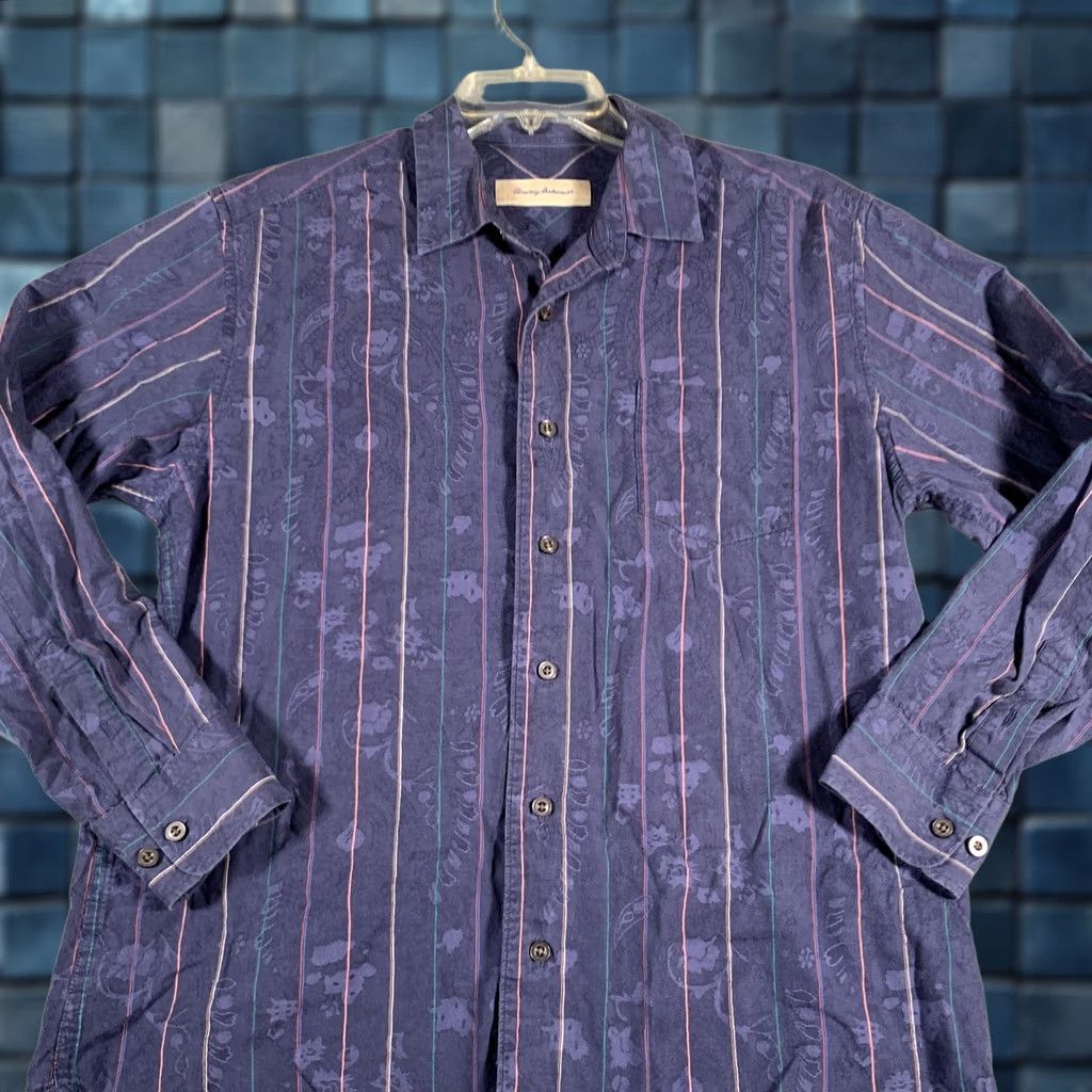 Tommy Bahama Tommy Bahama Shirt Mens Large Blue Cotton Silk Stripe Floral Button Front Size US L / EU 52-54 / 3 - 1 Thumbnail
