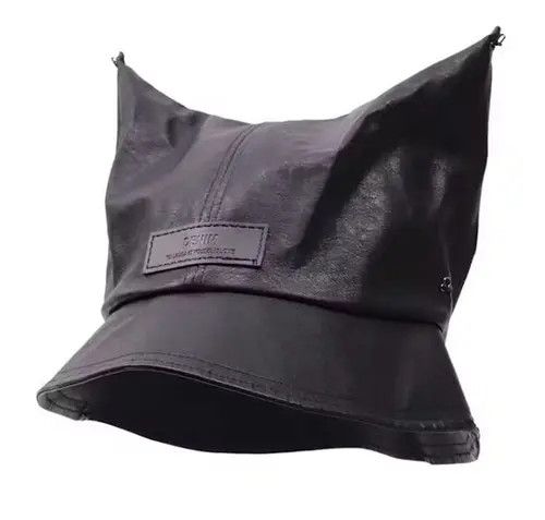 Teefury Y2k punk cat ears pu leather bucket hat aesthetic Size ONE SIZE - 2 Thumbnail