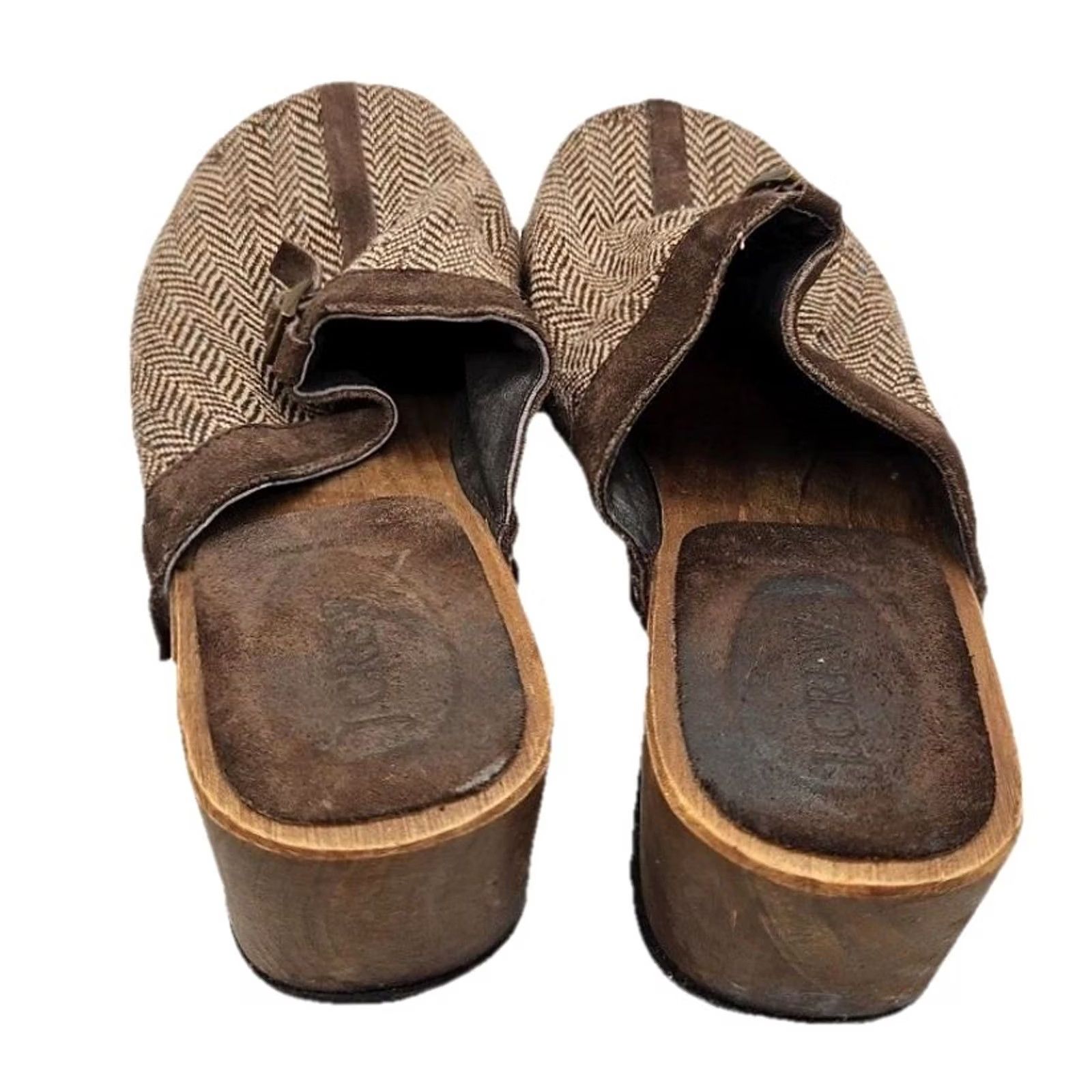 Vintage J Crew Womens 8 Tweed Clogs Wood Sole Leather Trim Herringbone Slip On Mule Slide Bohemian Comfort Classic Womens Shoes Size ONE SIZE - 3 Thumbnail