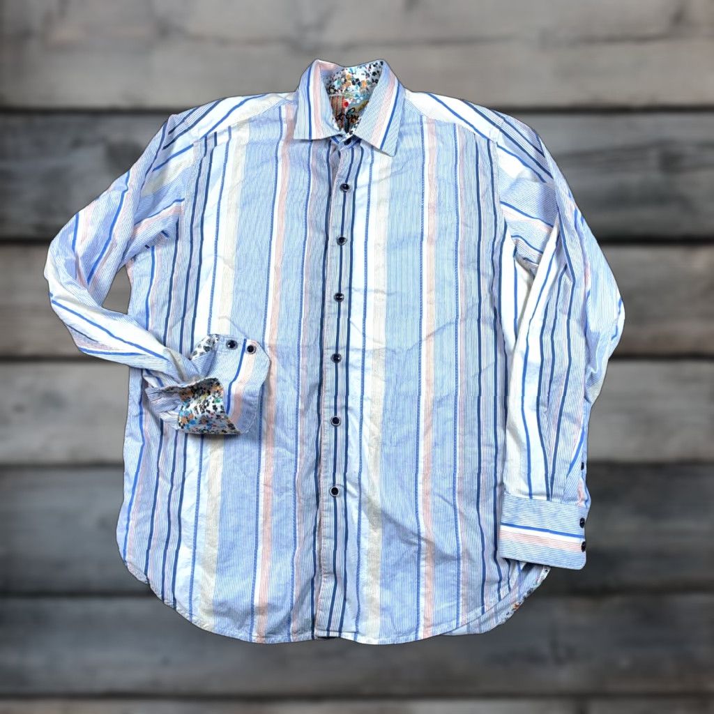 Robert Graham Robert Graham Shirt Adult Medium Blue White Floral Flip Cuff Striped Pattern Size US M / EU 48-50 / 2 - 1 Thumbnail