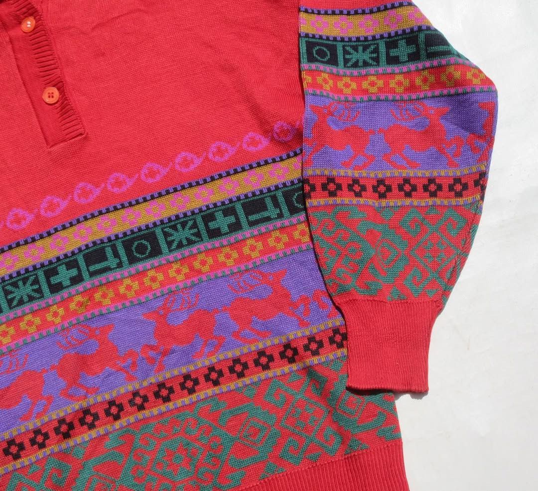 Aran Isles Knitwear × Vintage Vintage Fair Isle Polo Knitwear Jumper Pullover With Collar Size US L / EU 52-54 / 3 - 2 Thumbnail