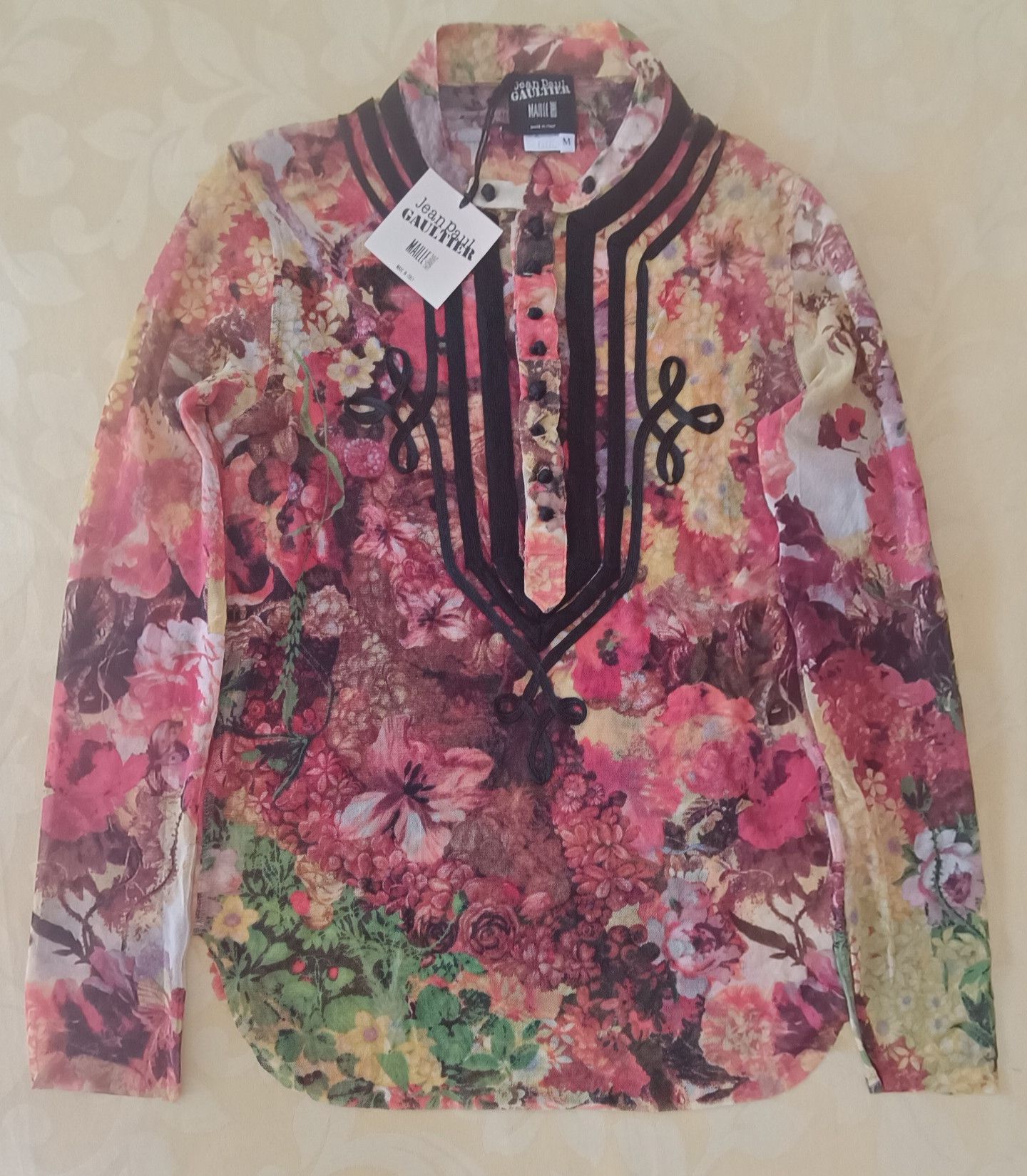 2000's- mesh flower knit top with mandarin collar