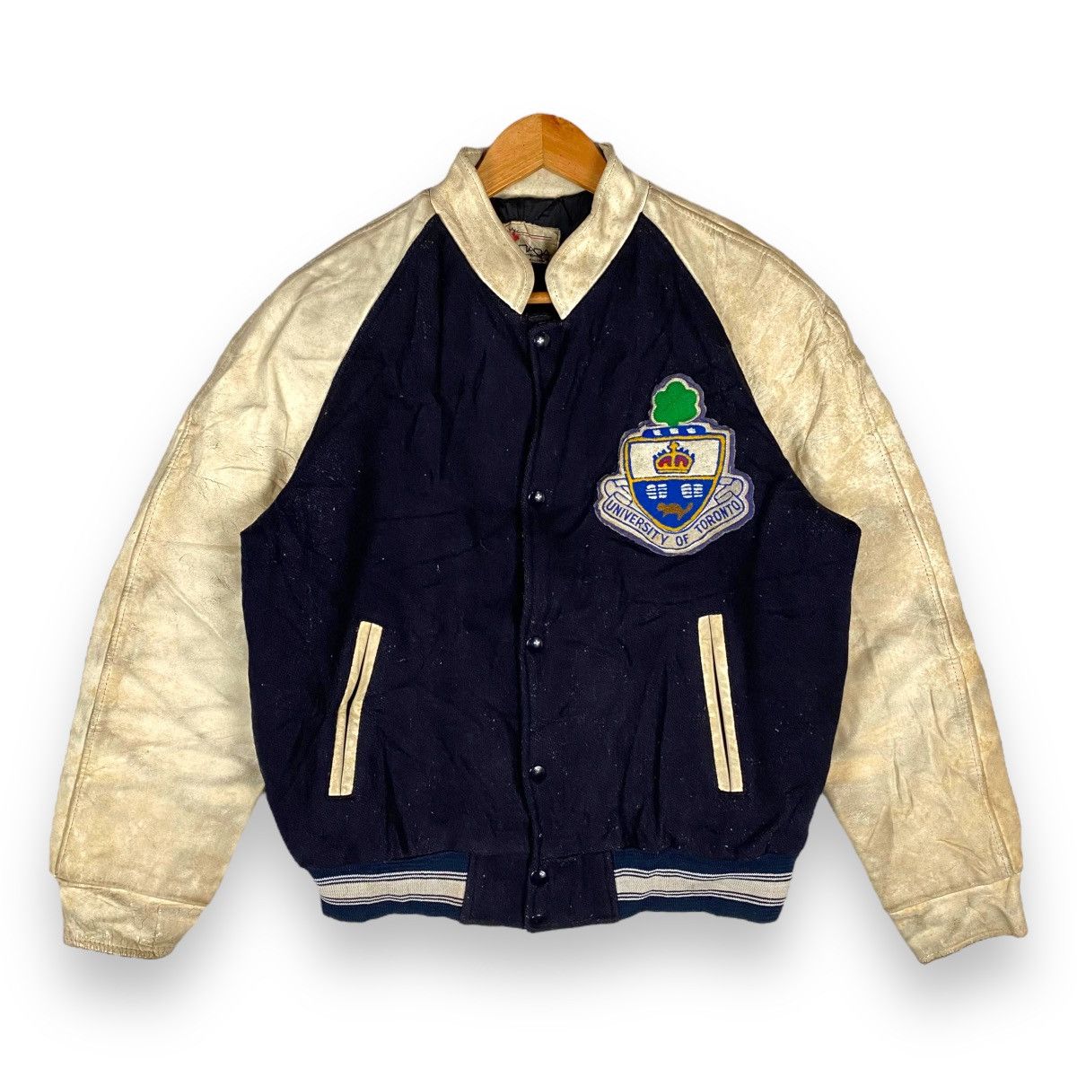 image of Vintage 70's University Of Toronto Varsity Leather Jacket in Black/White, Men's (Size Medium)