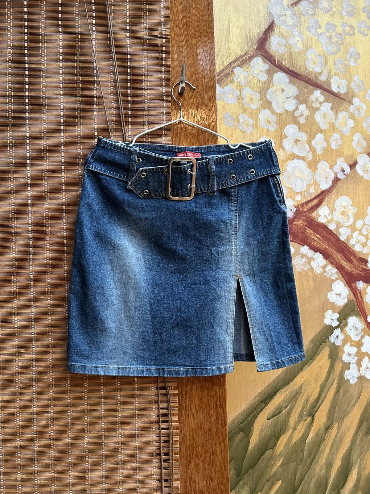 Y2K Miss Sixty Washed Denim Mini Skirt Wide Belt Slit Front