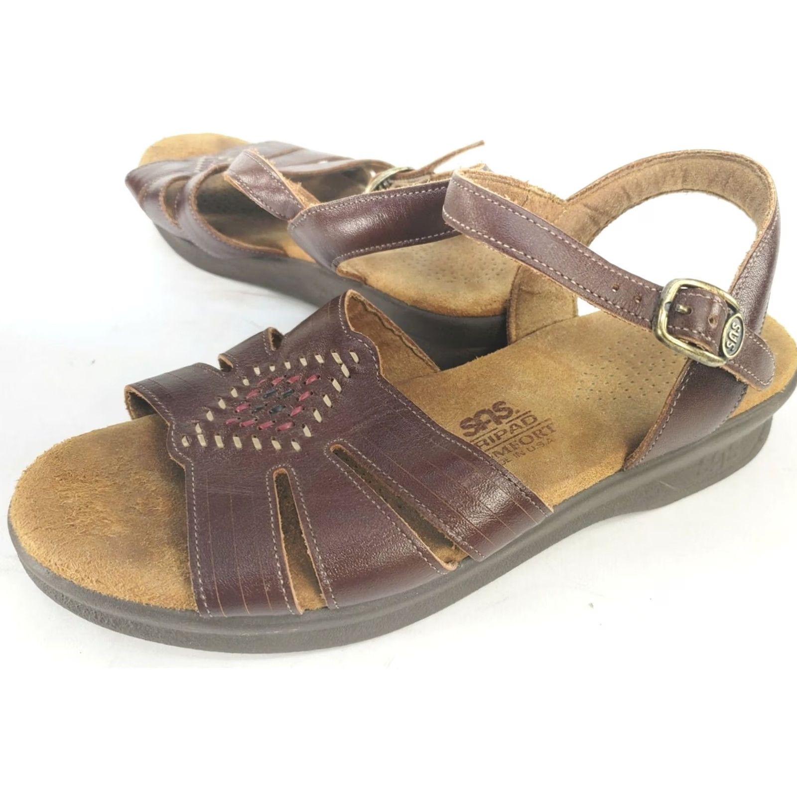 SAS SAS Sandals Brown Leather Open Toe Buckle Size 6.5W Diamond Weave Casual Comfort Women Tripad Size US 7 / IT 37 - 2 Thumbnail