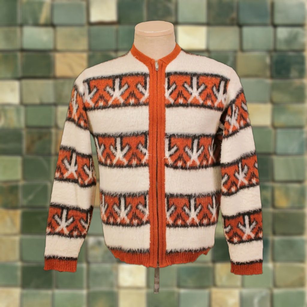 VTG Barclay 60s Sweater Shirt Mens M Orange White Striped Zip Up Cardigan Vintage 1960s