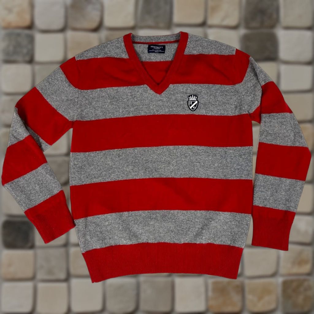 Hackett Hackett London Men’s Pullover V-Neck Sweater 100% Lambswool Striped Sz S Gray Red Size US S / EU 44-46 / 1 - 1 Thumbnail
