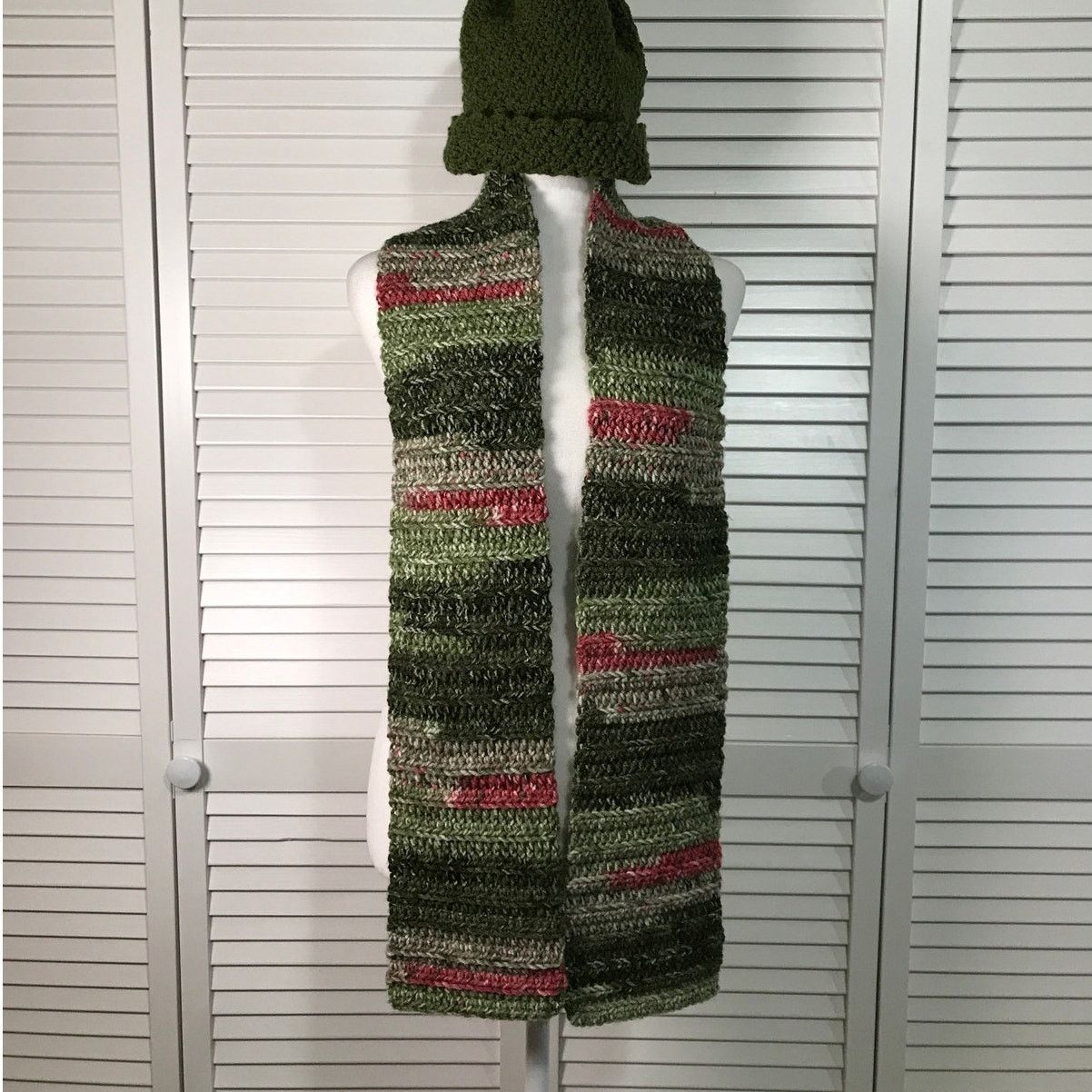 Handmade NWT Handmade Crocheted Green Multicolor Beanie Scarf 62” Size ONE SIZE - 1 Thumbnail