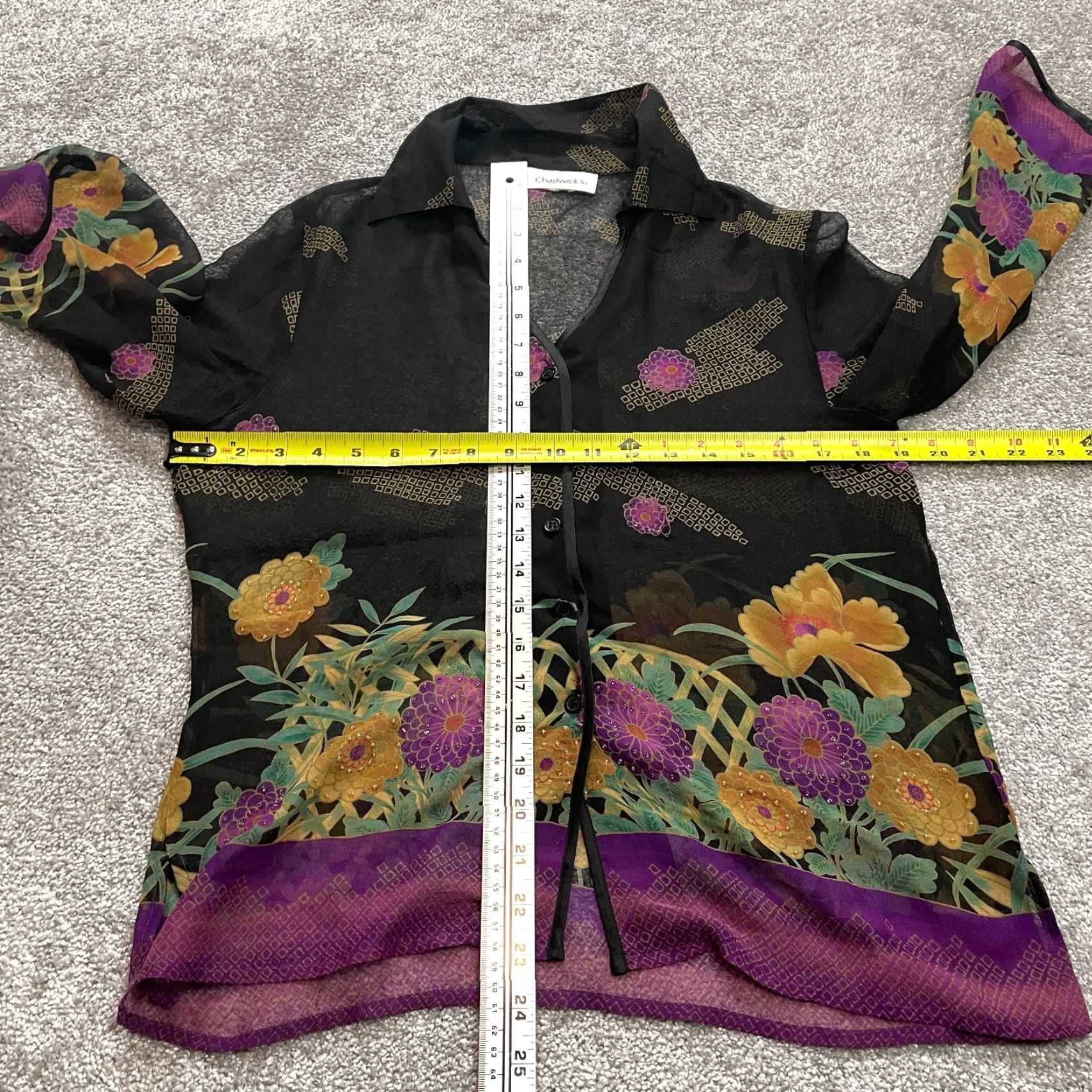 Vintage Chadwick's Blouse Button Up Top Womens M Black Purple Sheer Tropical Floral Size M / US 6-8 / IT 42-44 - 6 Thumbnail