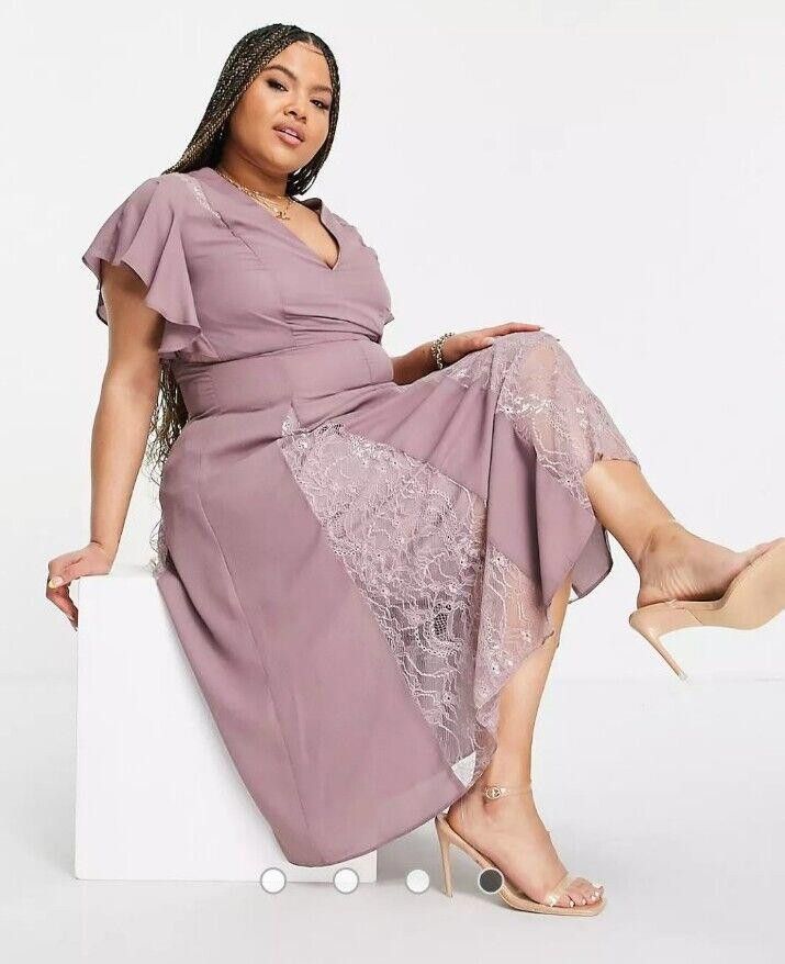 Designer Asos Curve Dress Sz 14 Mauve Formal Bridesmaid Lace Cut V Size XL / US 12-14 / IT 48-50 - 3 Thumbnail