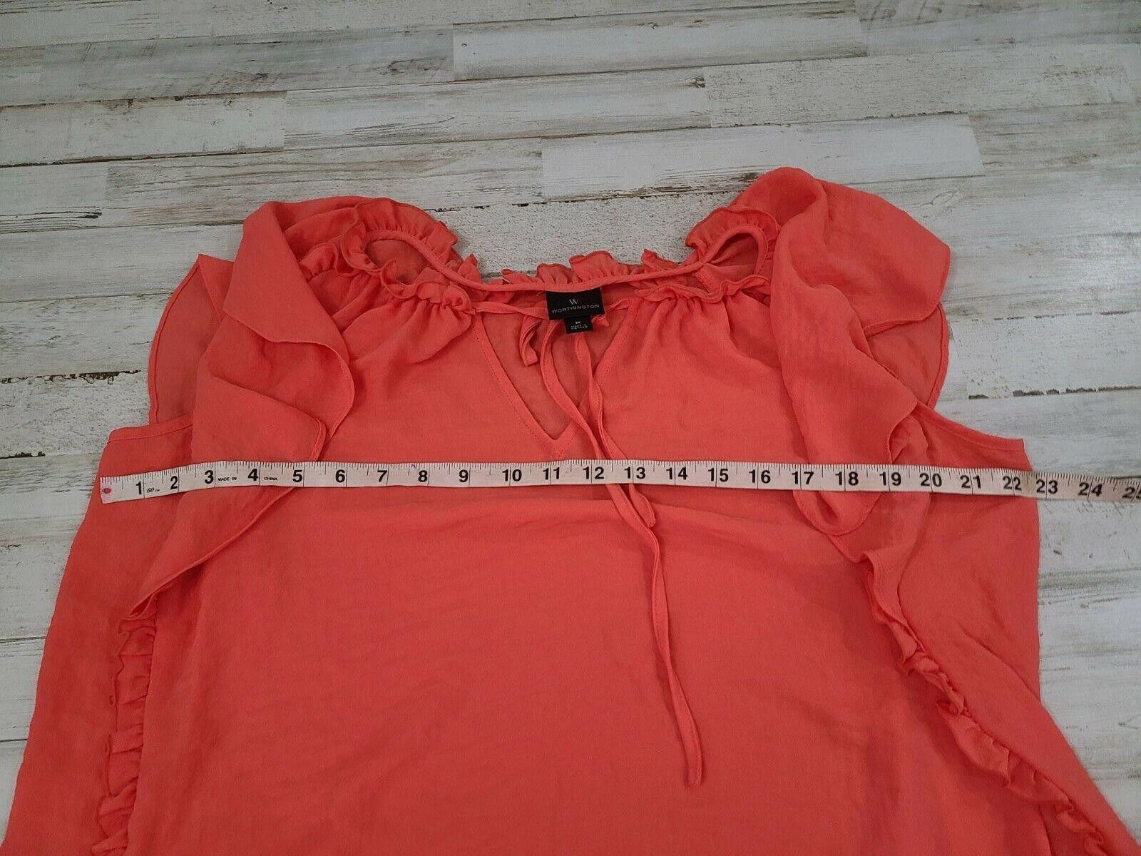 Designer Worthington Blouse Medium Coral V Neck Cap Sleeve Ruffle Size M / US 6-8 / IT 42-44 - 3 Thumbnail