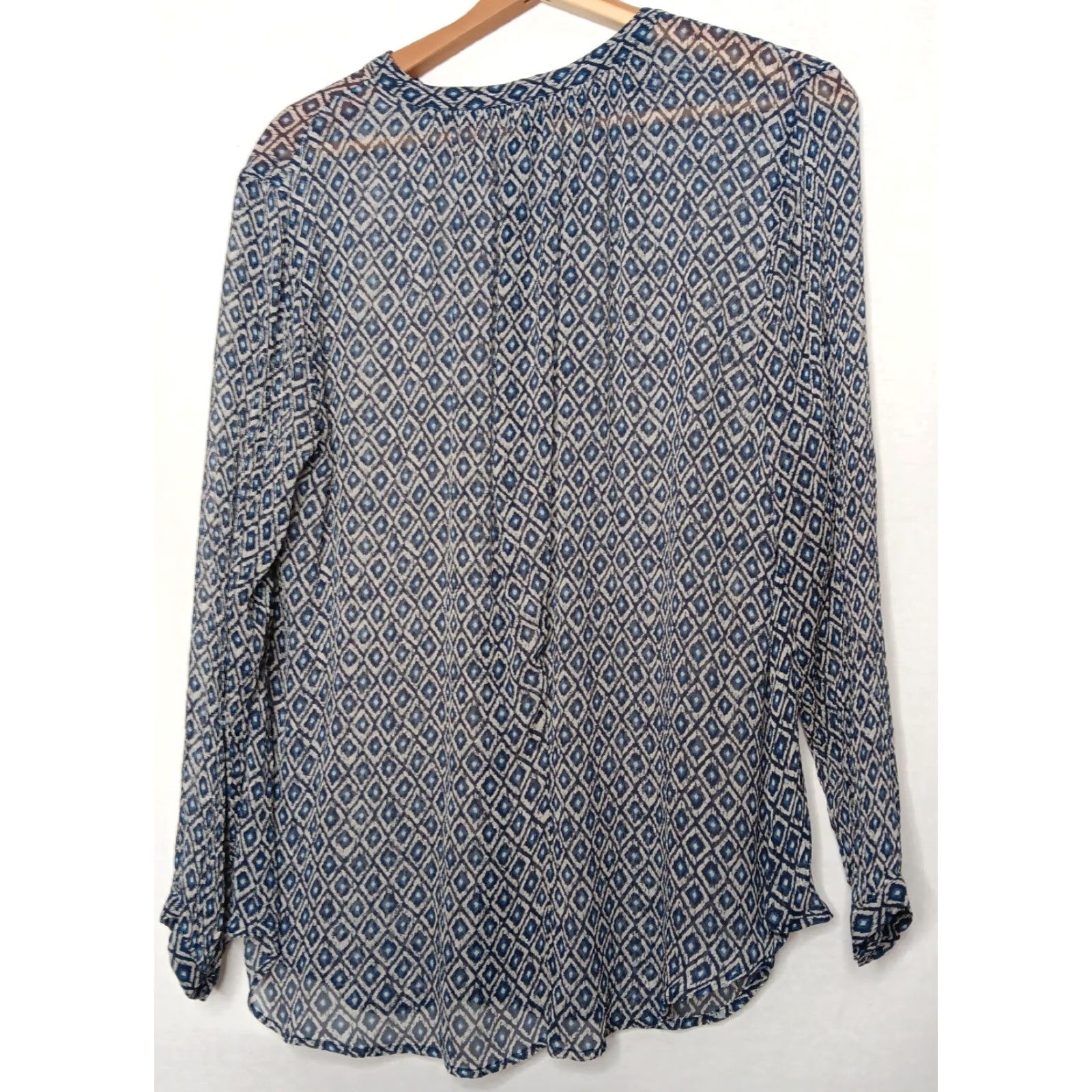 Lucky Brand Lucky Brand Blouse Shirt Button Up Womens M Blue Geometric Diamond Sheer Polyester Long Sleeve Casual office wear Size M / US 6-8 / IT 42-44 - 3 Thumbnail