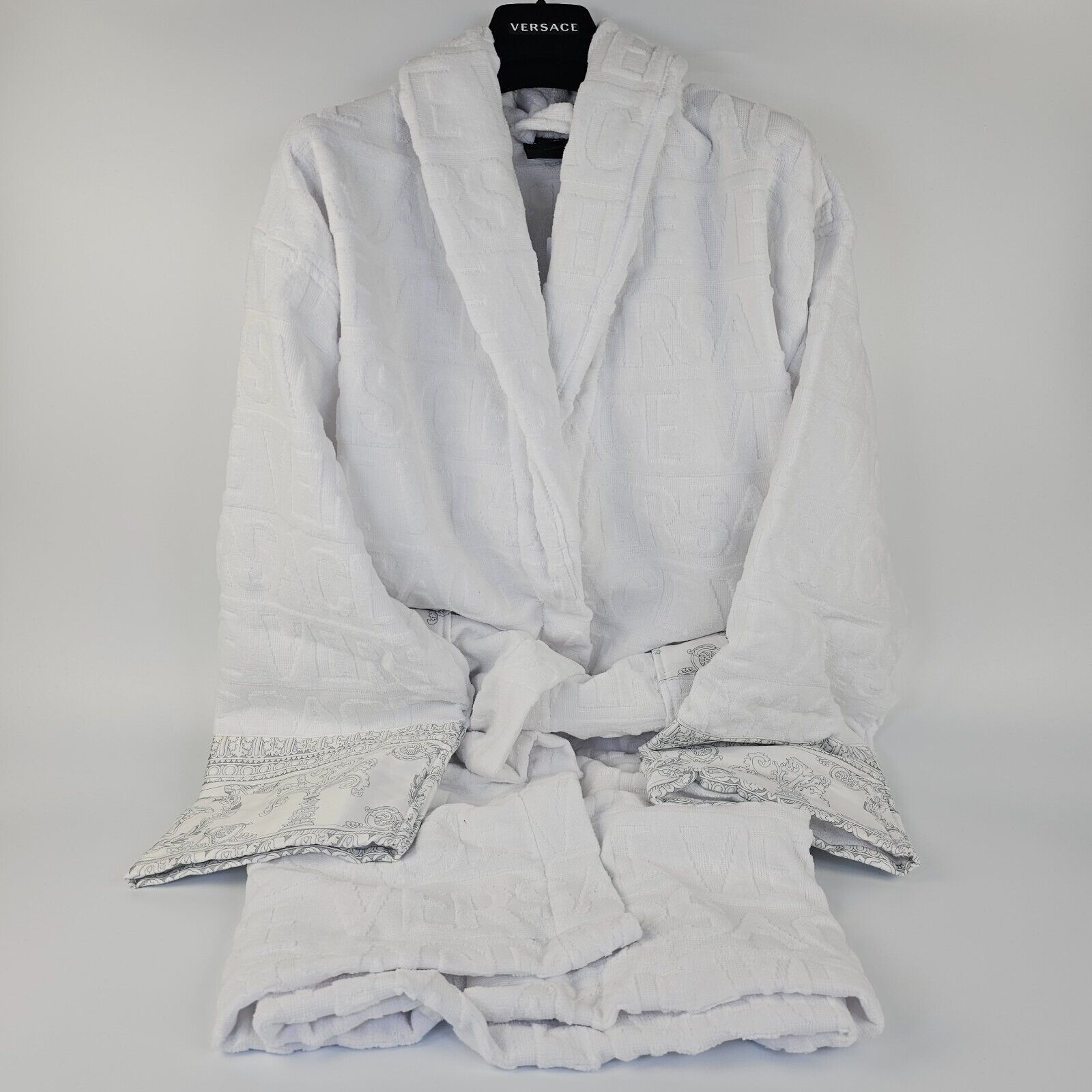 image of Versace Baroque Print White/silver Long Bathrobe New Xl, Men's