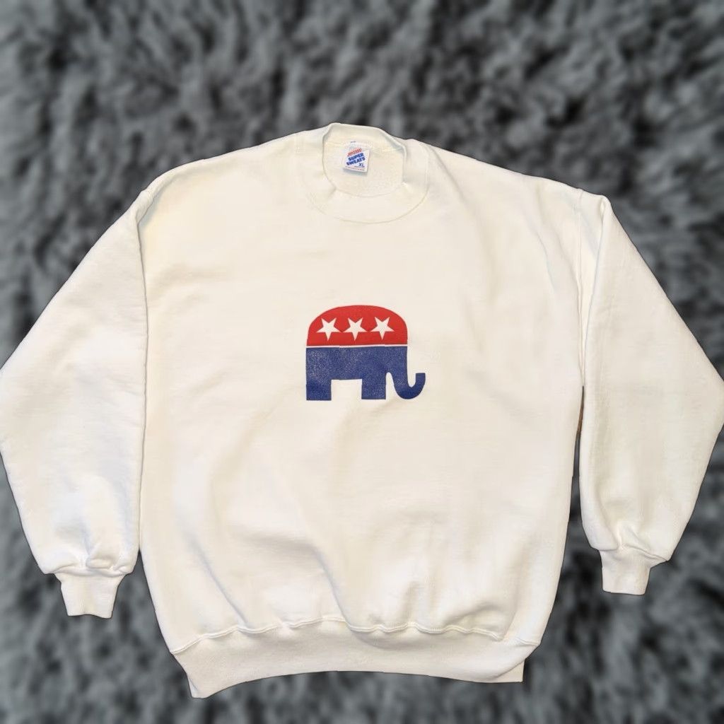 Jerzees VINTAGE Republican Party Elephant Logo Sweatshirt 90s Mens XL White Jerzees Pullover Size US XL / EU 56 / 4 - 1 Thumbnail