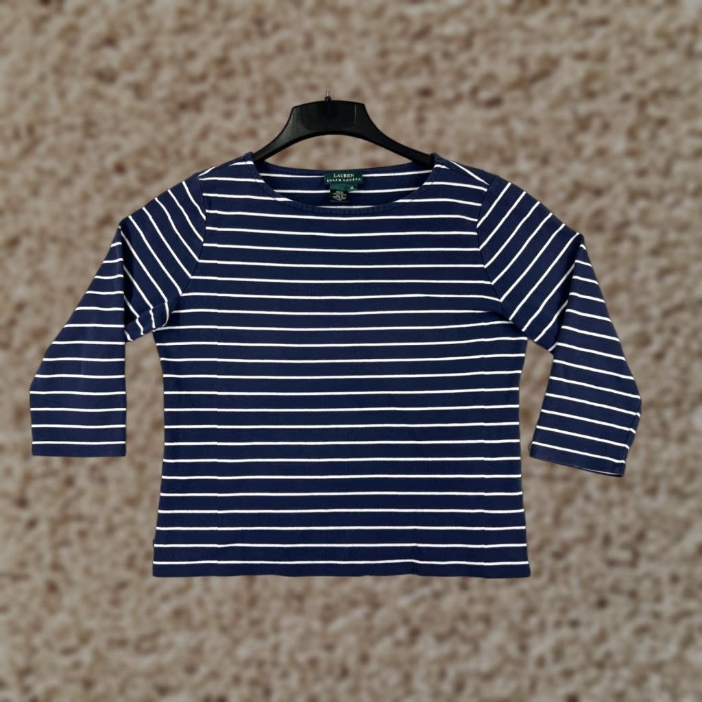 Polo Ralph Lauren VINTAGE Polo Ralph Lauren Shirt Juniors XL Blue Stripe 3/4 Sleeve Round Neck Casual Cotton Size XL / US 12-14 / IT 48-50 - 1 Thumbnail