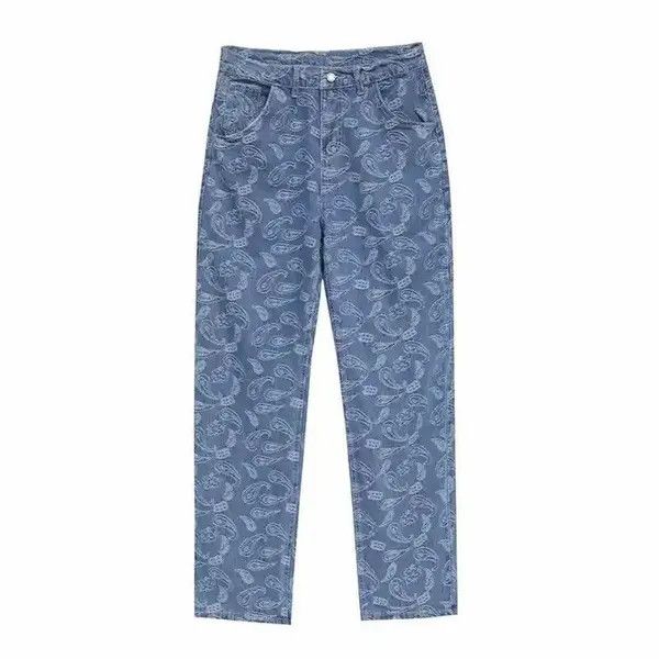 Print Cashew Flower Straight Jeans
