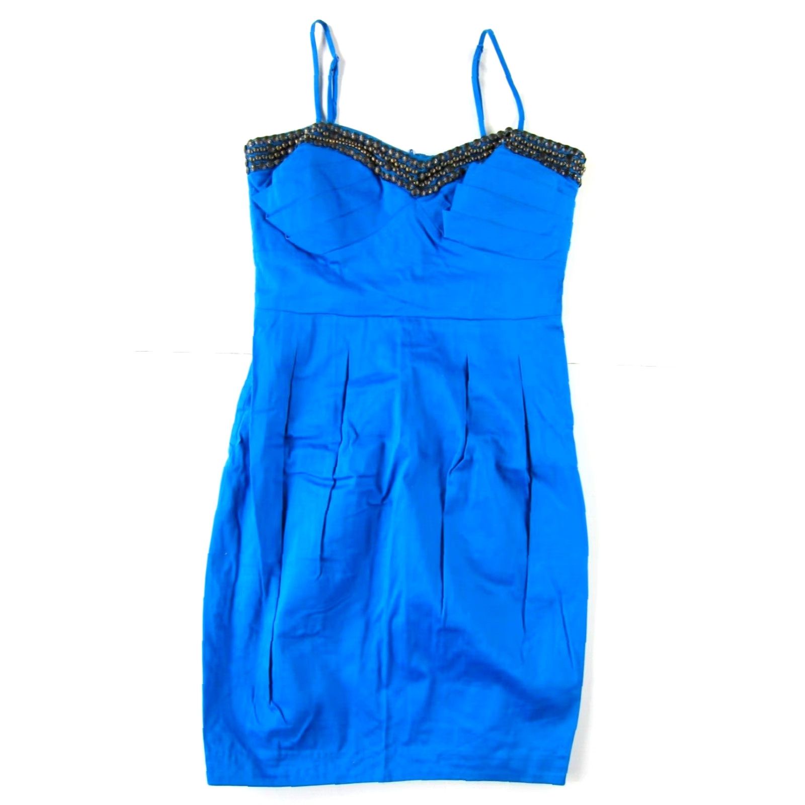 Vintage BISOU BISOU Royal Blue Beaded Pleated Spaghetti Strap Mini Sheath Dress 8 Size M / US 6-8 / IT 42-44 - 2 Thumbnail
