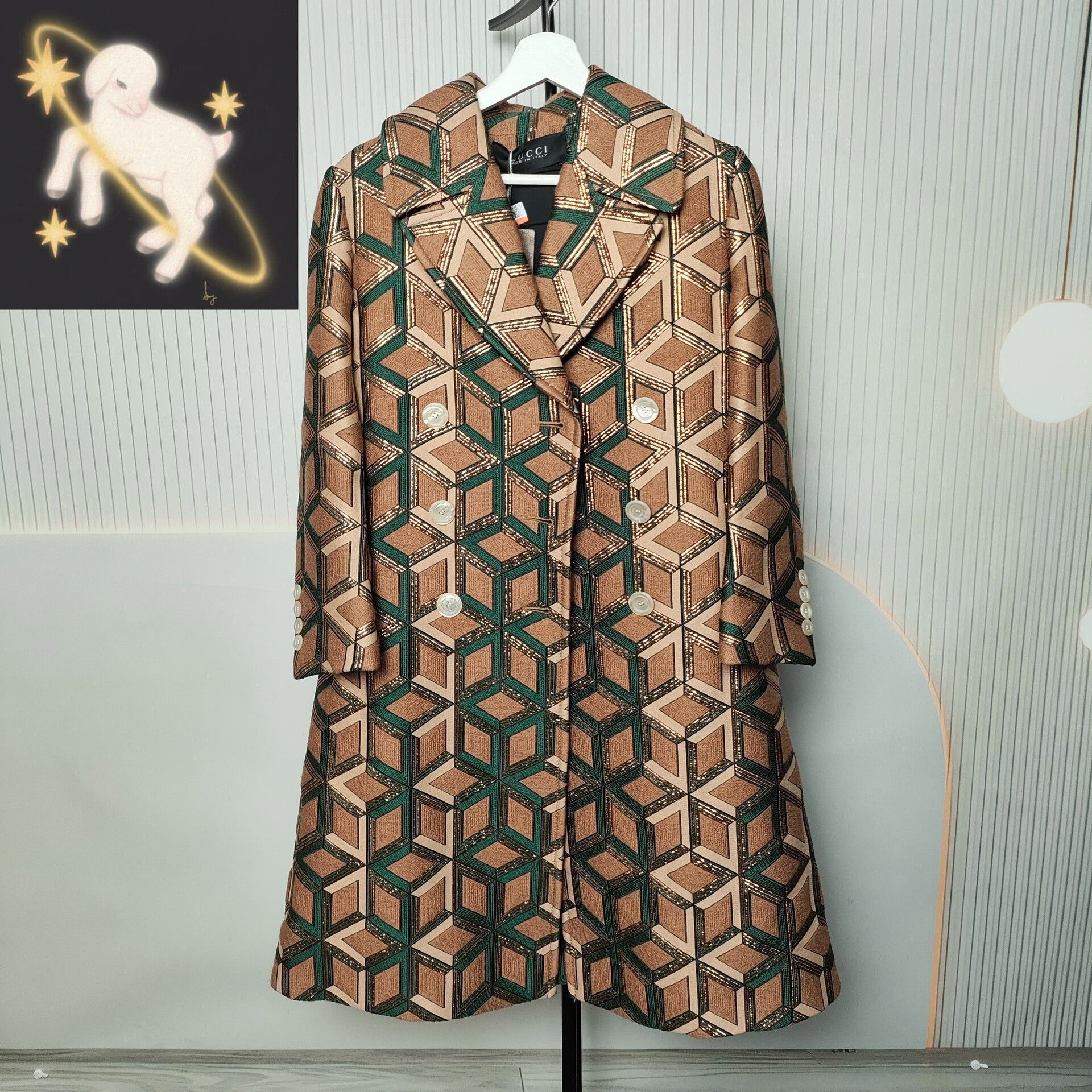 Gucci Gucci Brown Green Diamond Pattern Coat Size US XXS / EU 40 - 1 Thumbnail