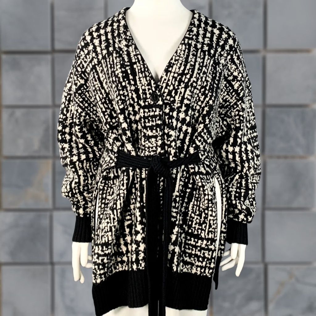 Proenza Schouler PROENZA SCHOULER Coat Size L Black White Wool Geometric Knit V-Neck Tie Size L / US 10 / IT 46 - 1 Thumbnail