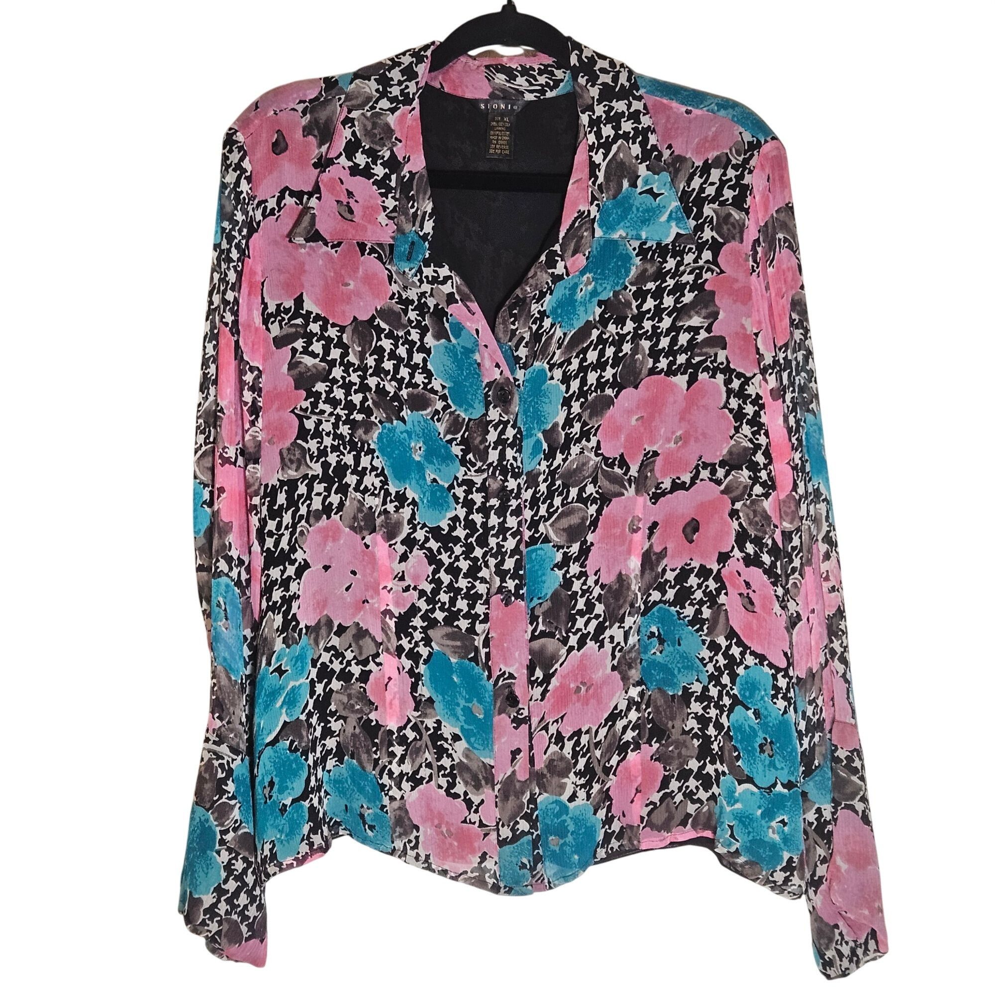 Other Sioni Women’s Silk Floral Blouse Pink/Teal XL Houndstooth Do Size XL / US 12-14 / IT 48-50 - 2 Thumbnail