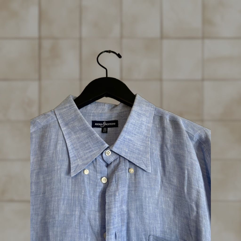 Vintage Quality Asole Bottoni Men's Shirt Linen Blue Long Sleeve Button-Up Size 19, Regular Fit Size US XXL / EU 58 / 5 - 1 Thumbnail