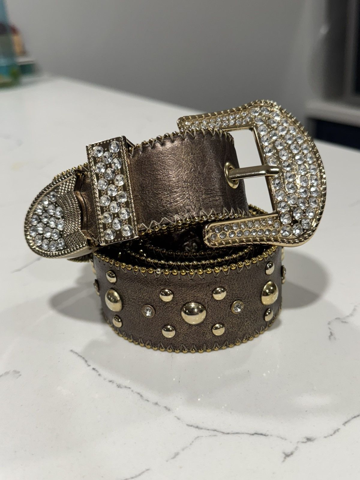 Vintage Vintage Kathy Van Zealand Rhinestone Cowboy Y2K Belt Size 32 - 1 Thumbnail
