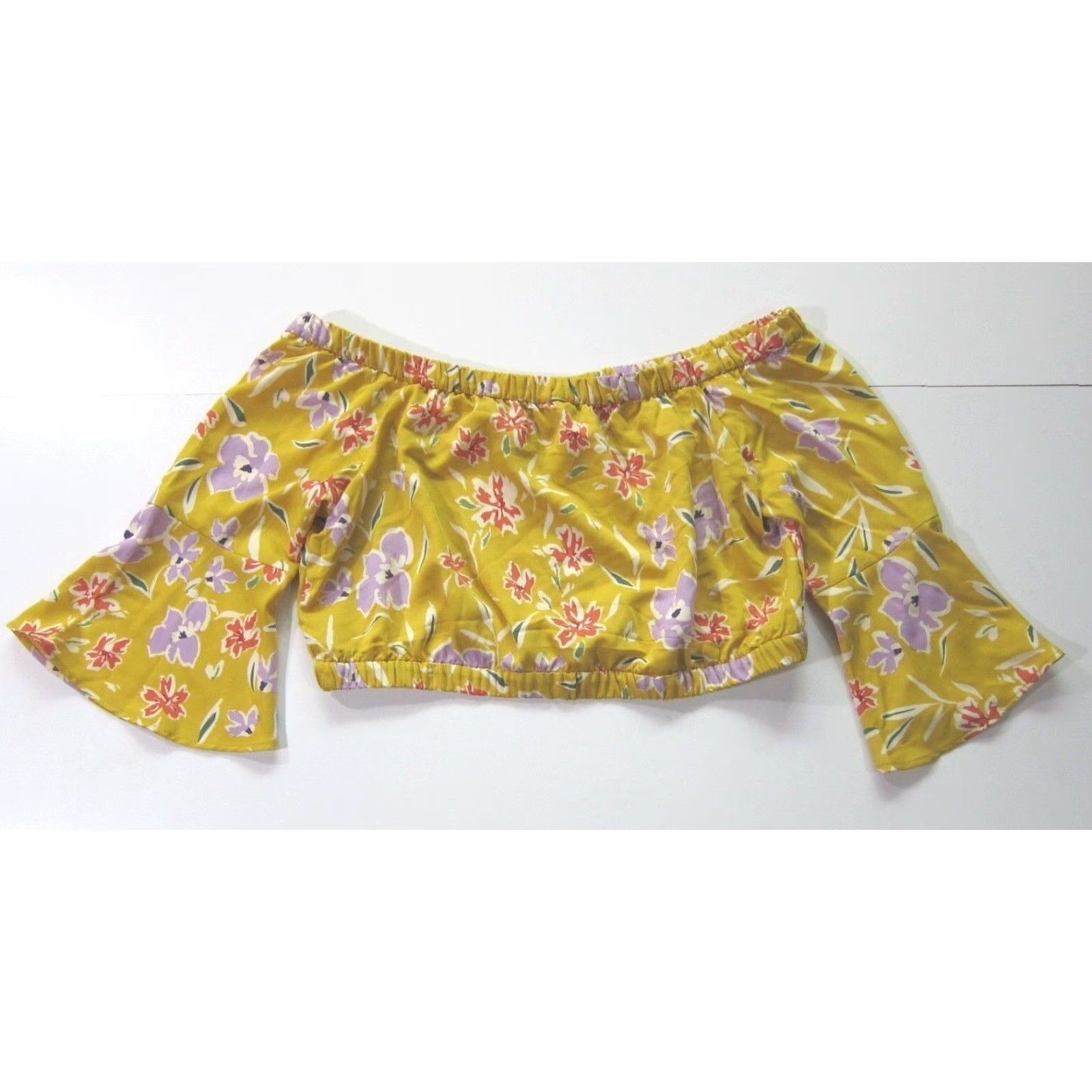 BCBGeneration BCBG Generation Yellow Pink Purple Floral Off Shoulder Crop Blouse Women Large Size L / US 10 / IT 46 - 6 Thumbnail